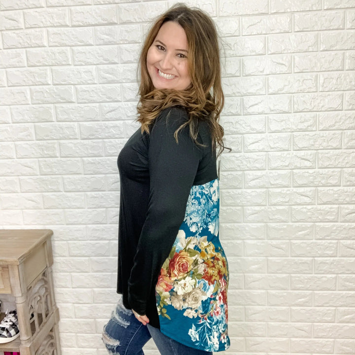 Floral & Teal Criss Cross Back Design Tunic/Top