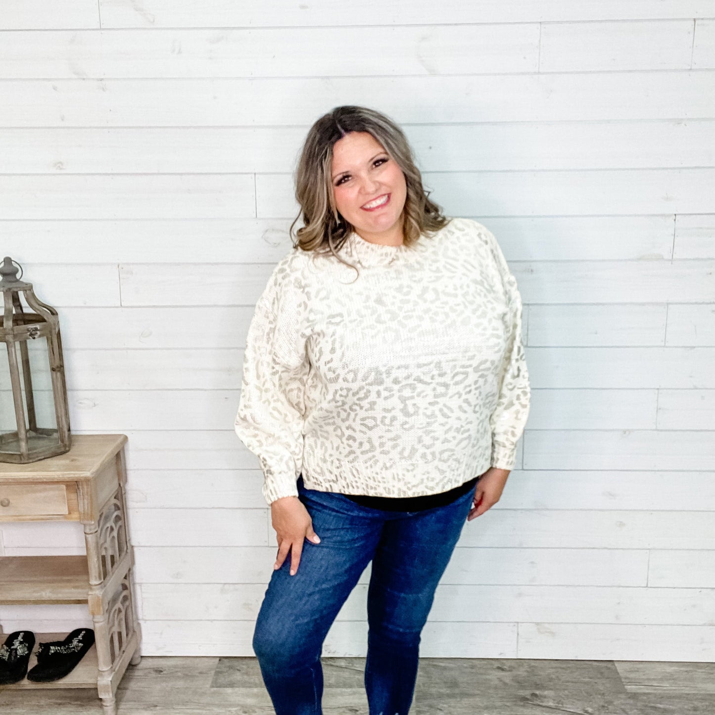 Foil Leopard Print Balloon Sleeve Sweater (Ivory or Black)