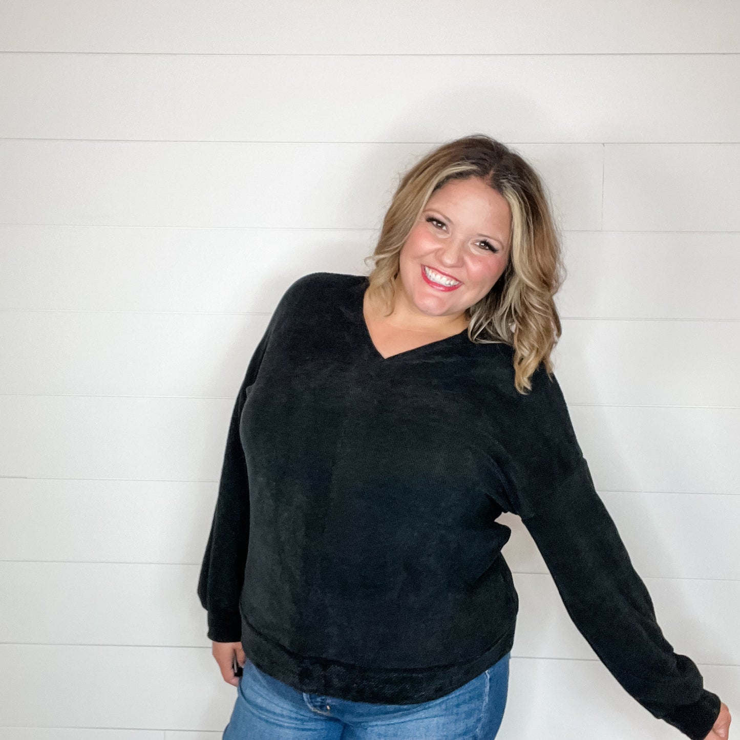 "Fool Me Once" Chenille V Neck Sweater (Black)