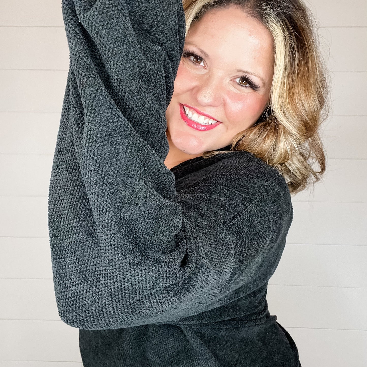 "Fool Me Once" Chenille V Neck Sweater (Black)