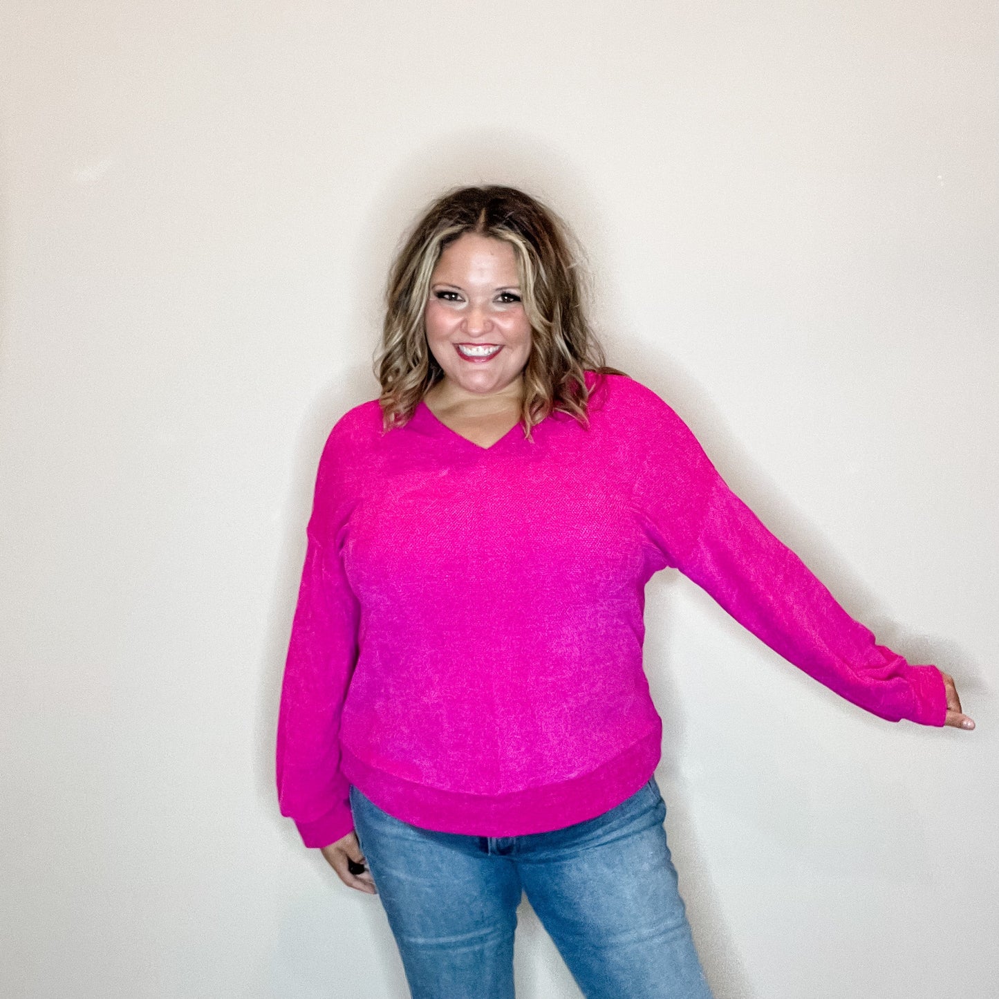 "Fool Me Once" Chenille V Neck Sweater (Fuchsia)