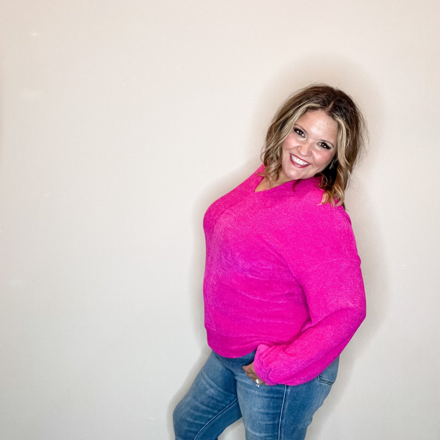 "Fool Me Once" Chenille V Neck Sweater (Fuchsia)