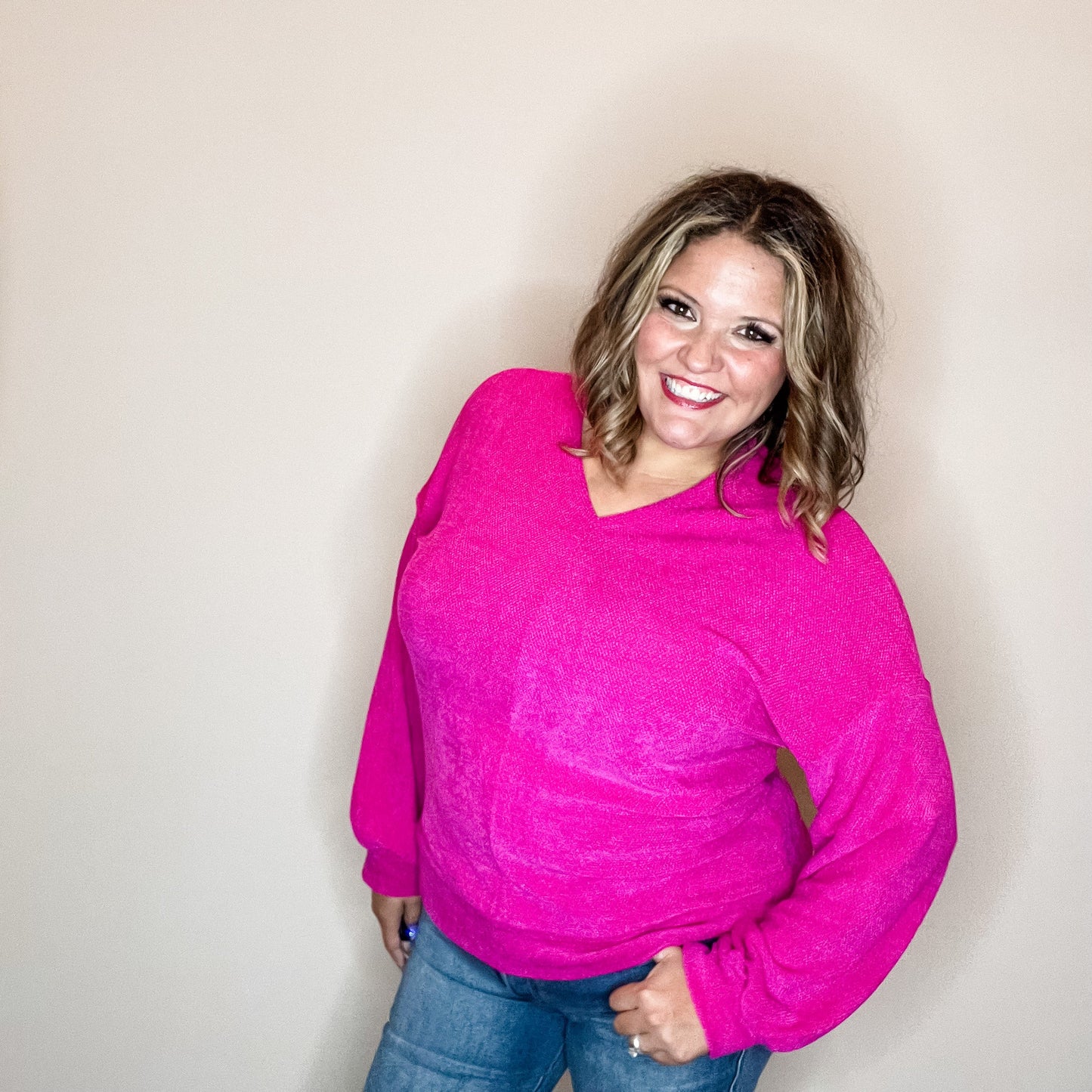 "Fool Me Once" Chenille V Neck Sweater (Fuchsia)