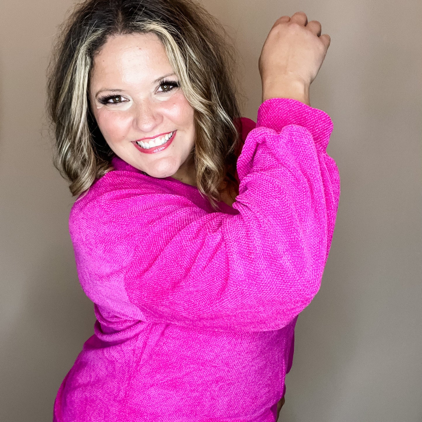 "Fool Me Once" Chenille V Neck Sweater (Fuchsia)