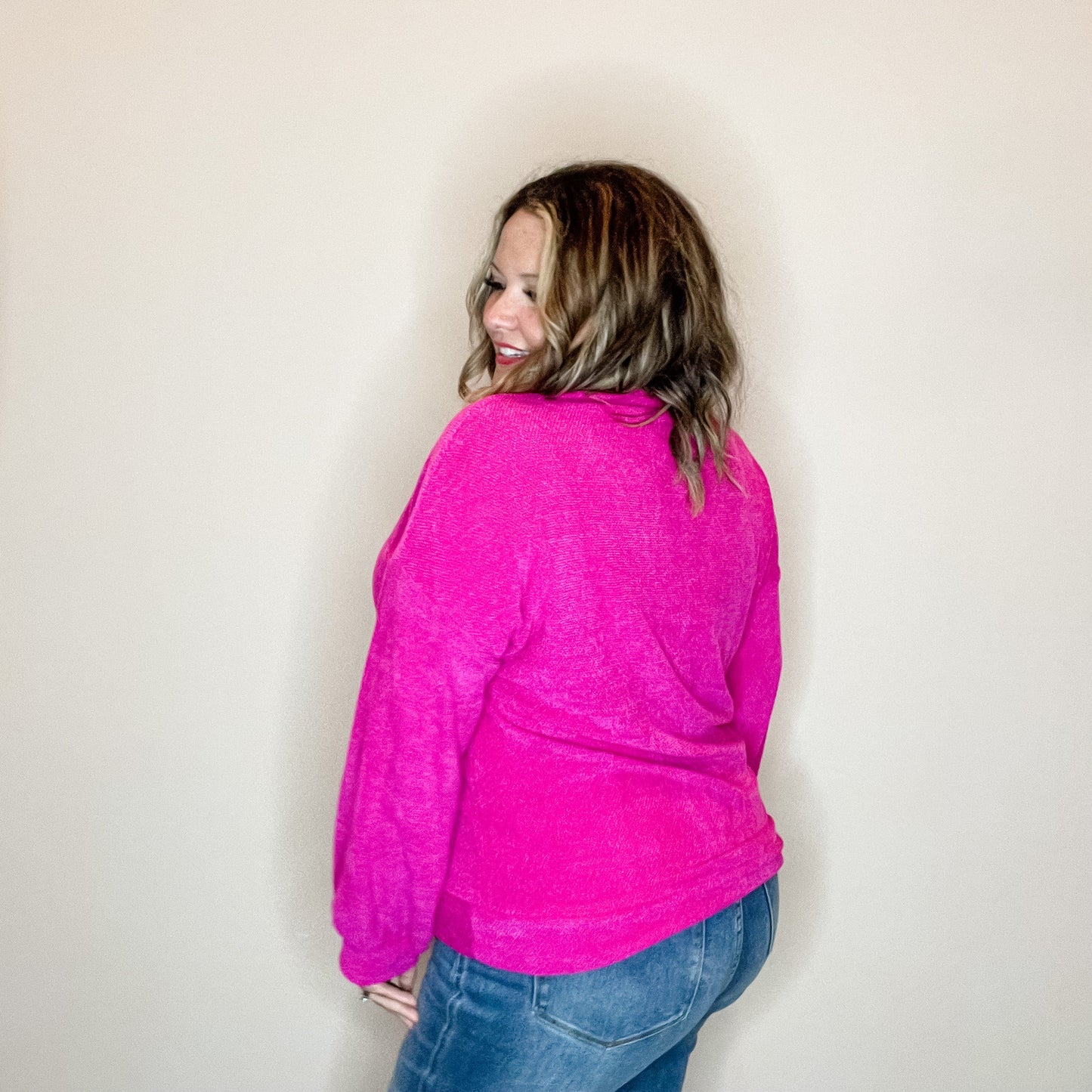 "Fool Me Once" Chenille V Neck Sweater (Fuchsia)