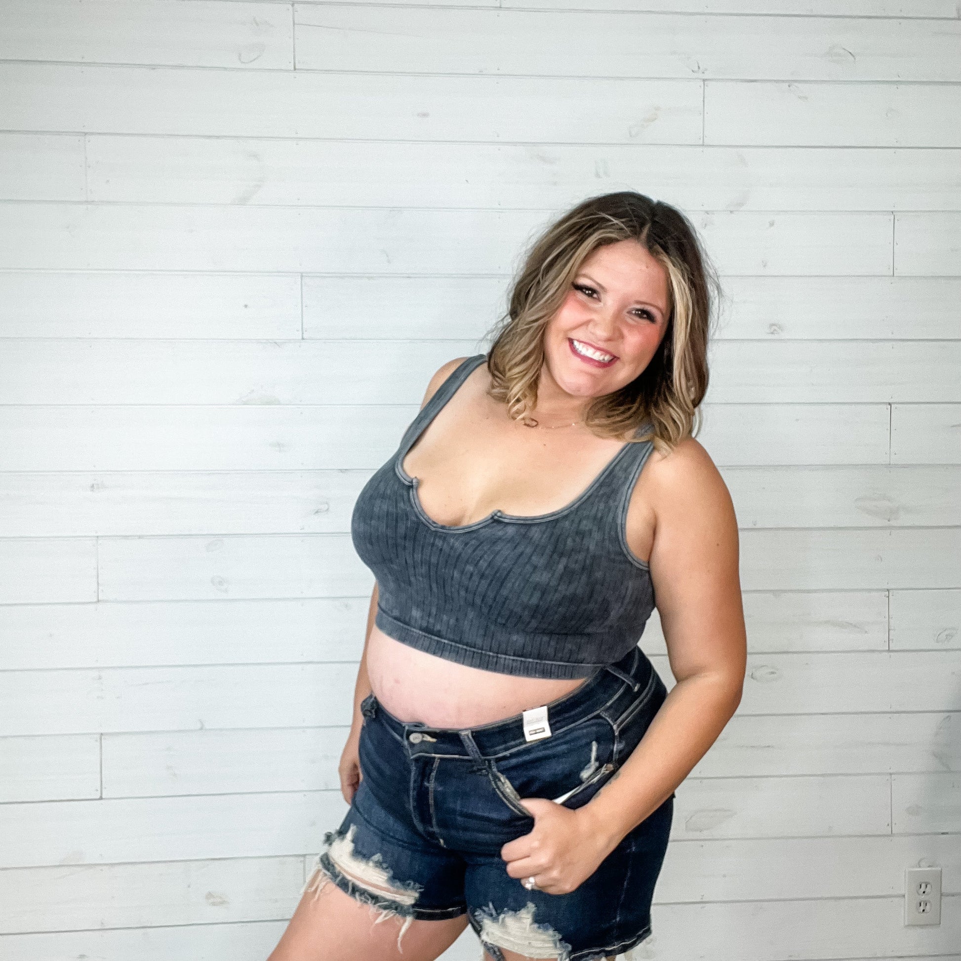 "Fun Times" Mineral Wash Ribbed Cropped Keyhole Cutout Bralette Tank (Multiple Colors)