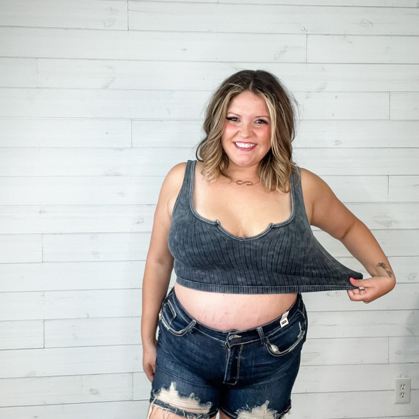 "Fun Times" Mineral Wash Ribbed Cropped Keyhole Cutout Bralette Tank (Multiple Colors)