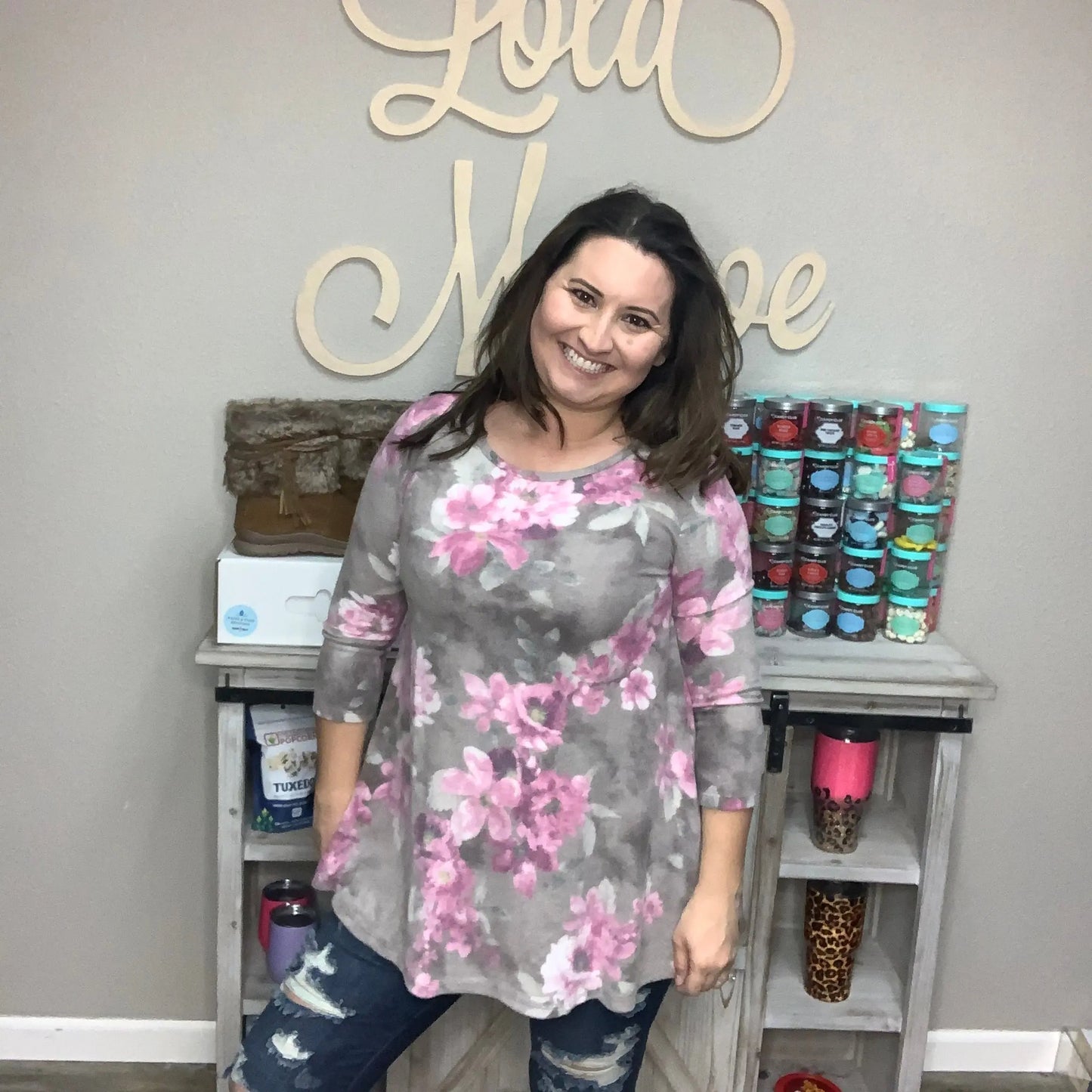 Fuzzy Floral 3/4 Sleeve Tunic Top