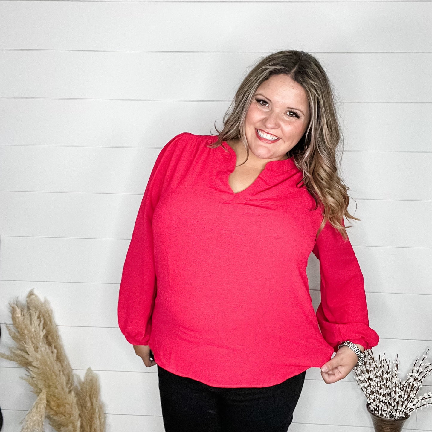"Gamble" Long Sleeve Split Neck (Fuchsia)