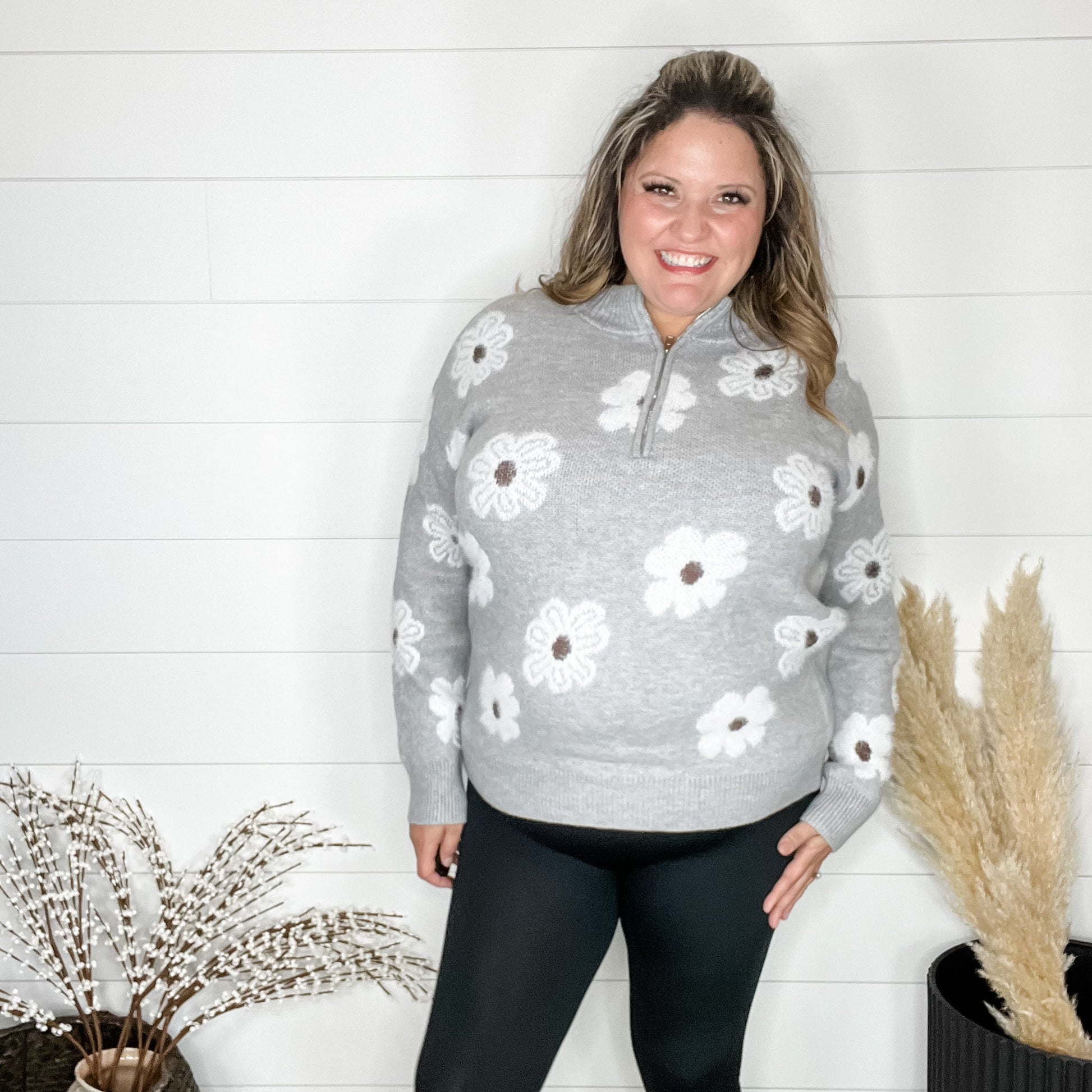 "Garland" Long Sleeve 1/2 Zip Floral Sweater