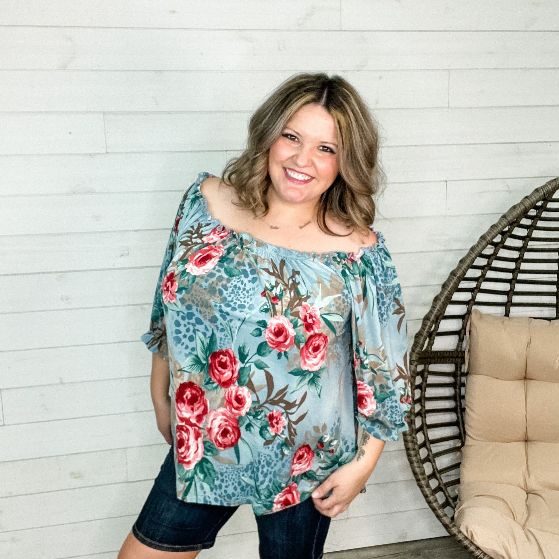 "Gia" Boho Off the Shoulder Floral and Animal Print