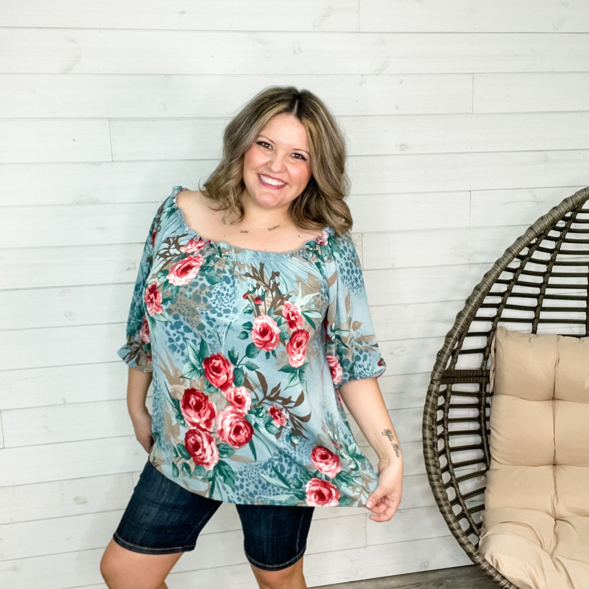 "Gia" Boho Off the Shoulder Floral and Animal Print