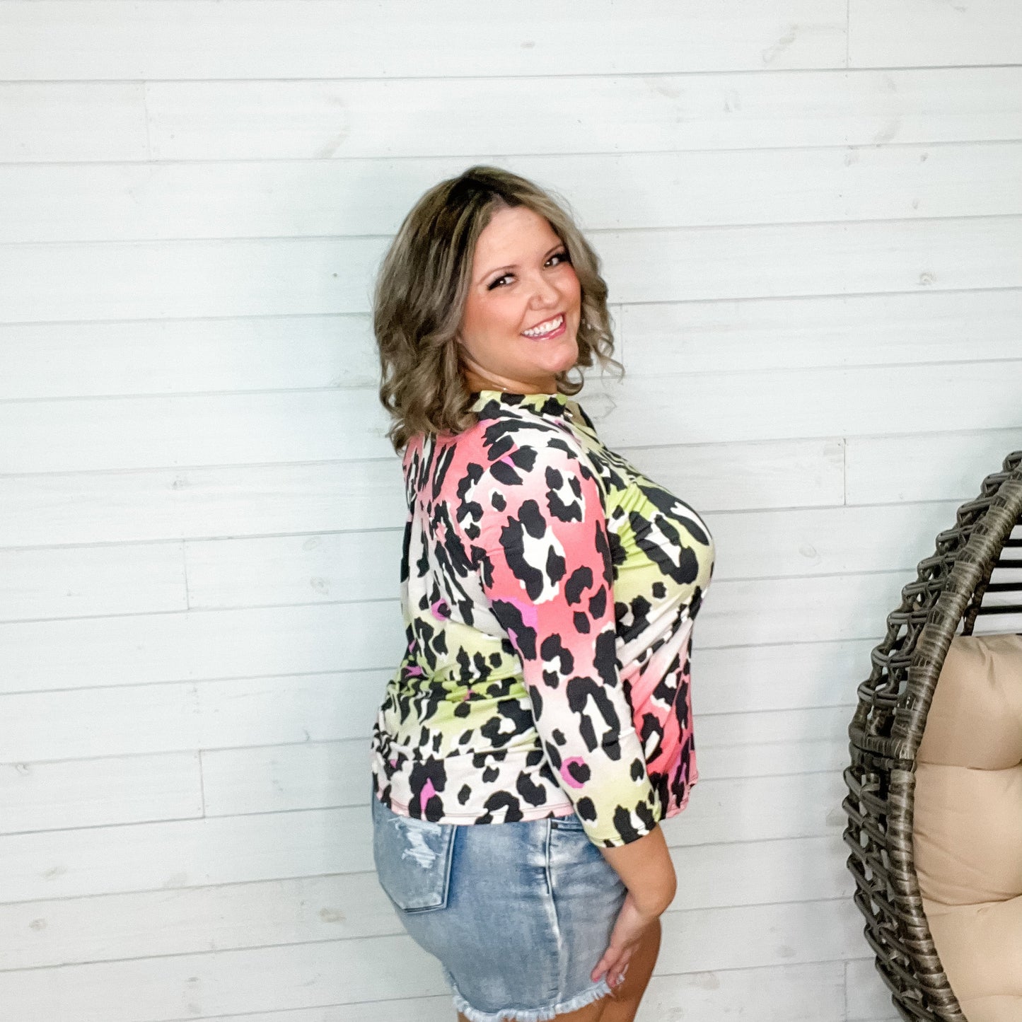 "Glammie" Animal Print 3/4 Sleeve Split Neck