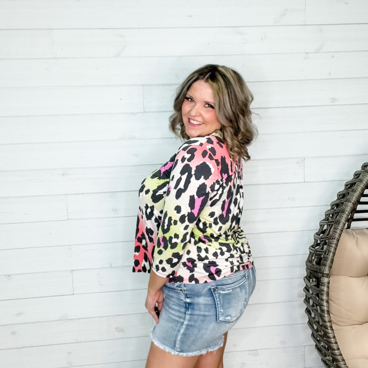 "Glammie" Animal Print 3/4 Sleeve Split Neck
