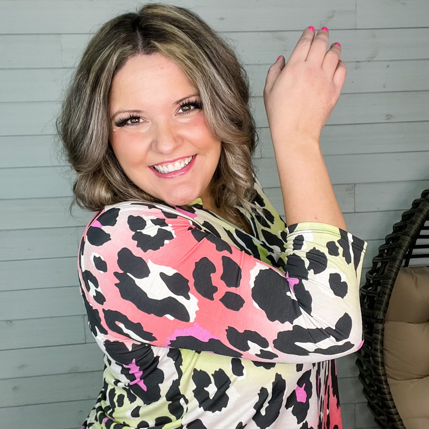 "Glammie" Animal Print 3/4 Sleeve Split Neck