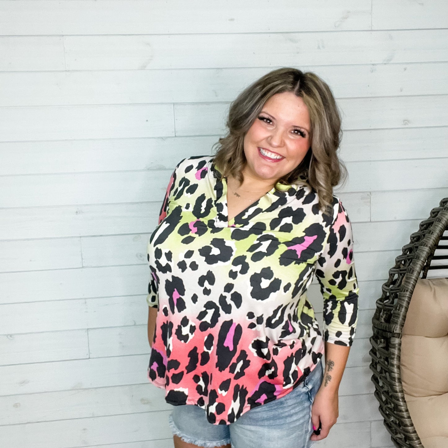 "Glammie" Animal Print 3/4 Sleeve Split Neck