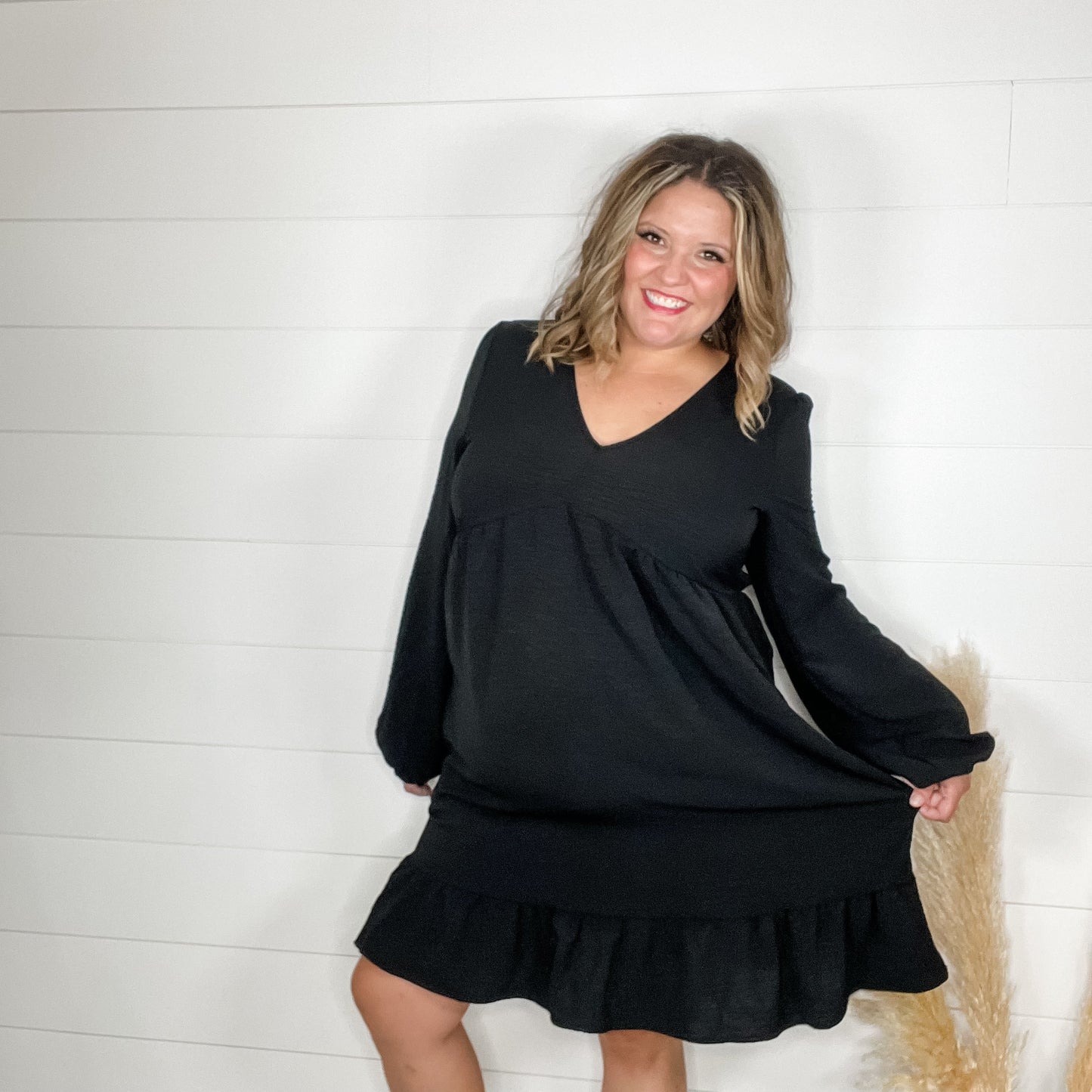 "Good Mourning" Long Sleeve V Neck Midi Dress