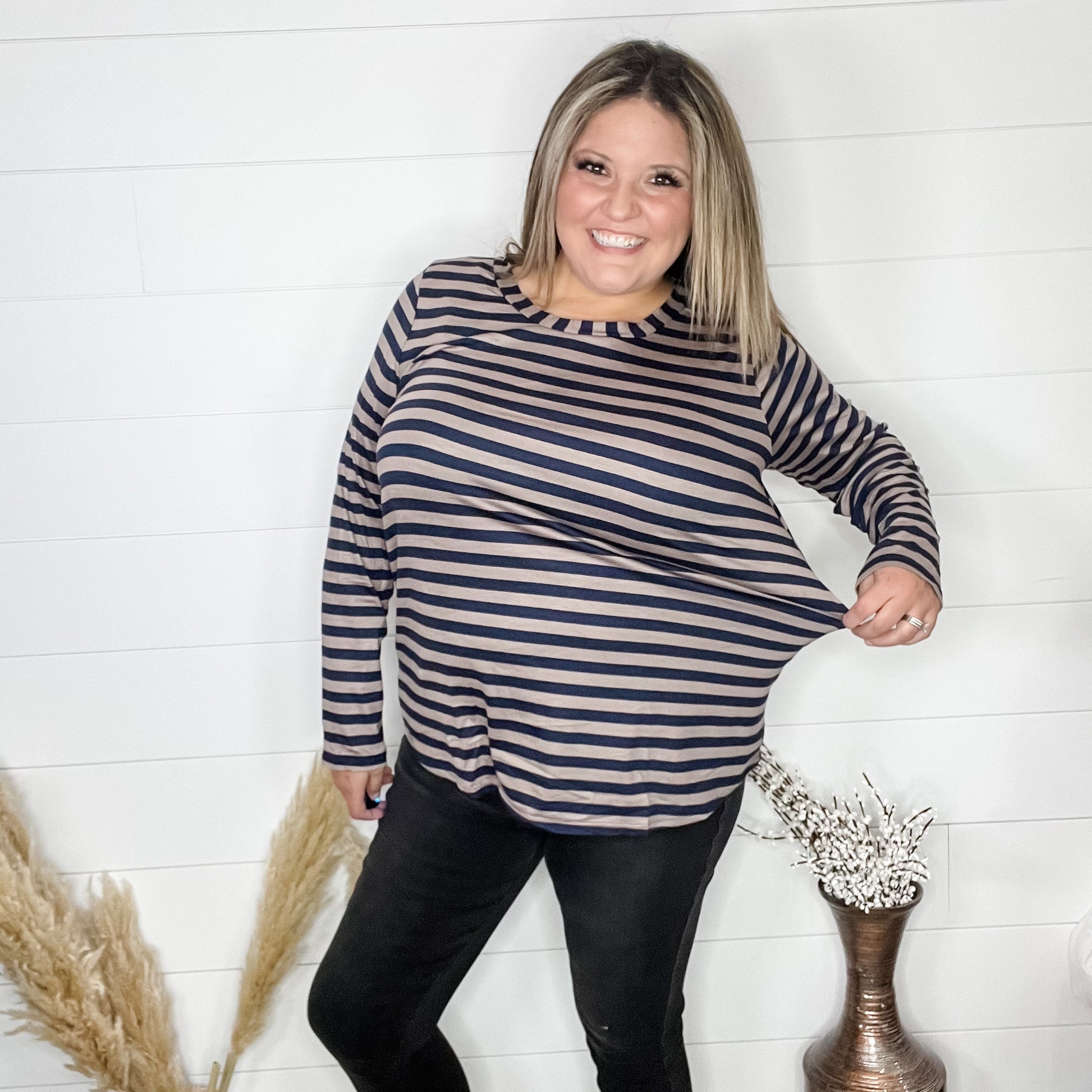 "Got Me" Long Sleeve Striped Top (Navy Mocha)