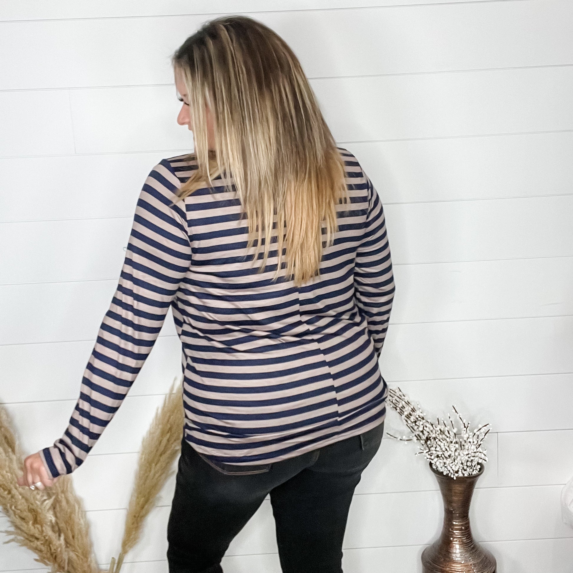 "Got Me" Long Sleeve Striped Top (Navy Mocha)