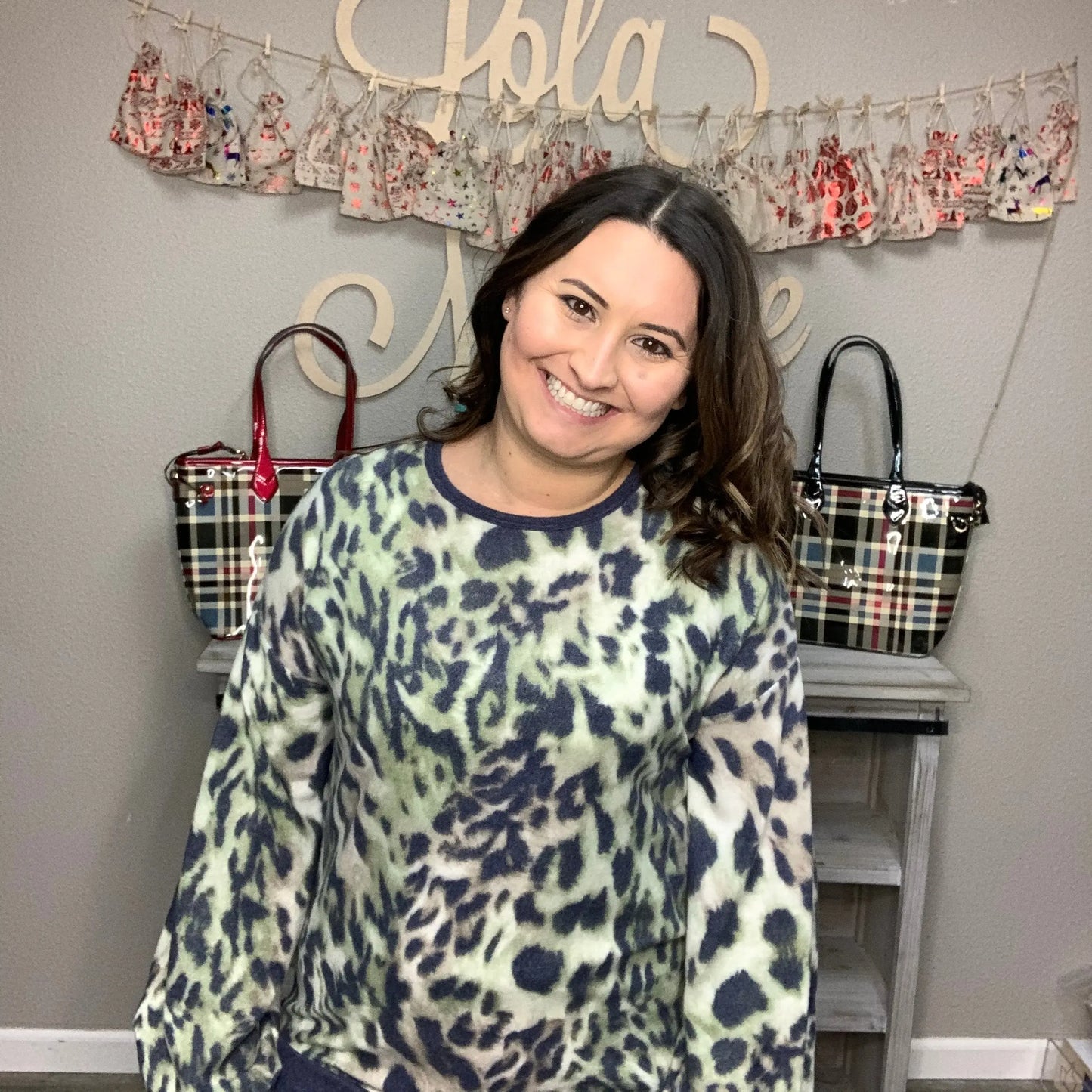 "Green Eyed Jungle Cat" Animal Print Bubble Sleeve Top