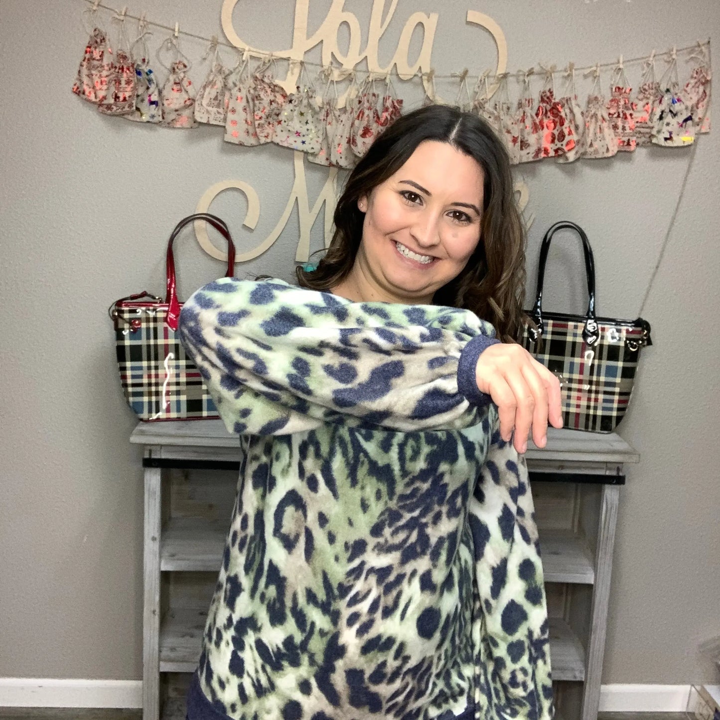 "Green Eyed Jungle Cat" Animal Print Bubble Sleeve Top