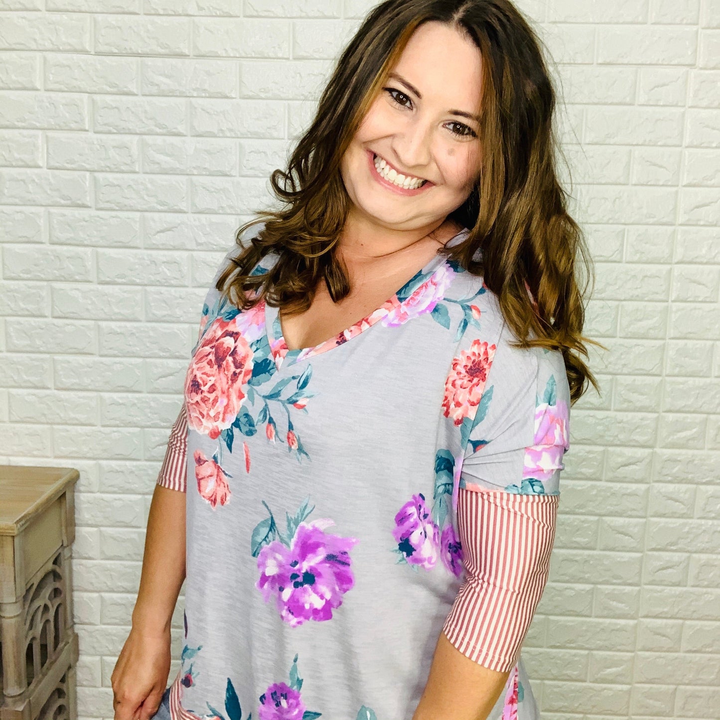 "Gypsy" Stripe & Floral 3/4 Sleeve Top