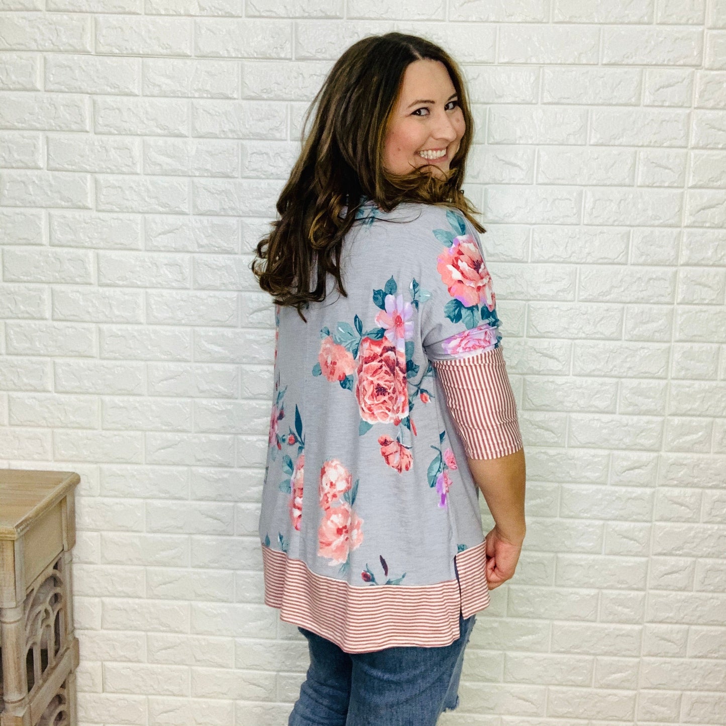 "Gypsy" Stripe & Floral 3/4 Sleeve Top