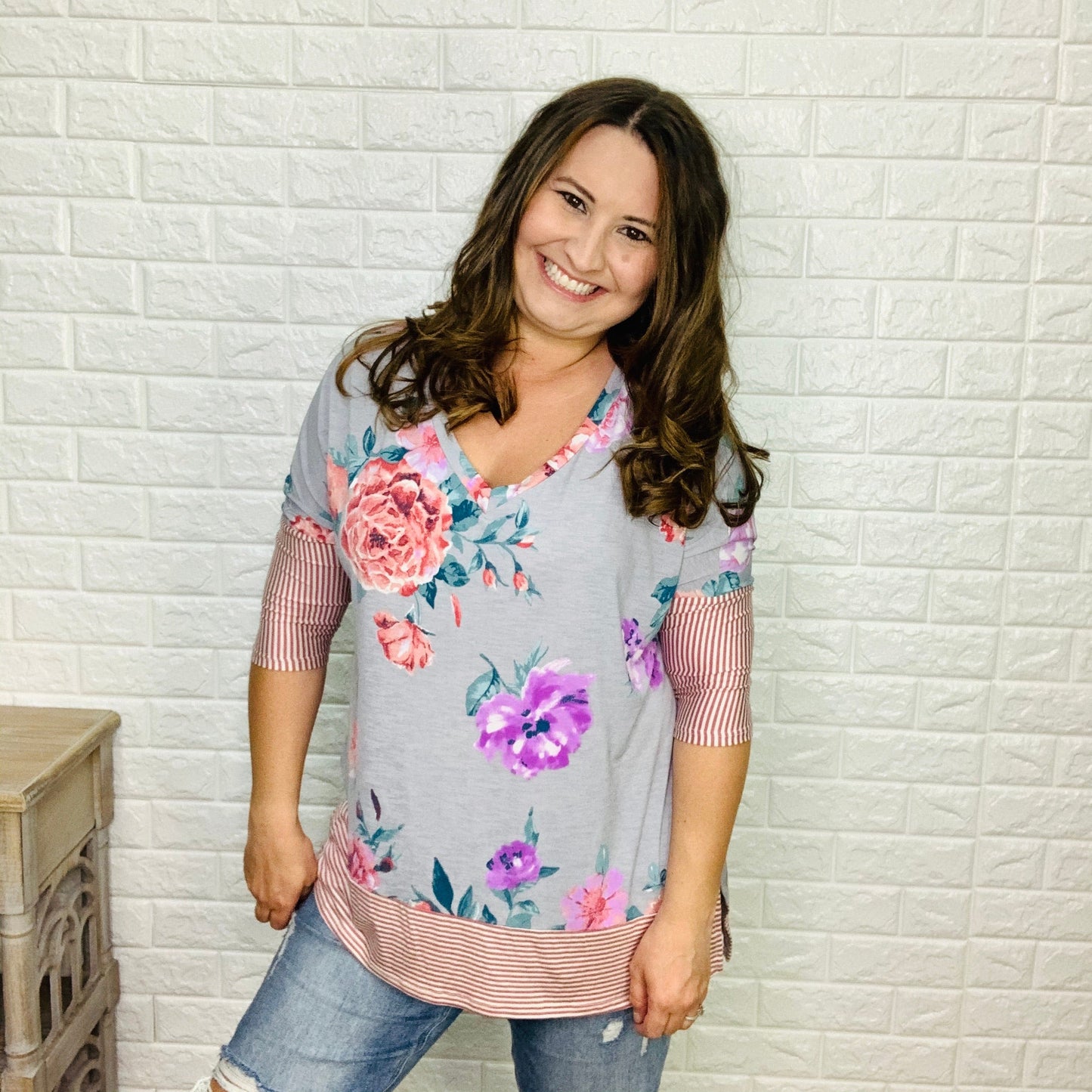 "Gypsy" Stripe & Floral 3/4 Sleeve Top