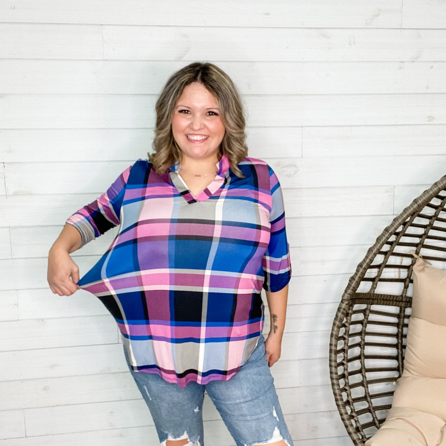"Hadley" Plaid Lizzy 3/4 Sleeve Split Neck