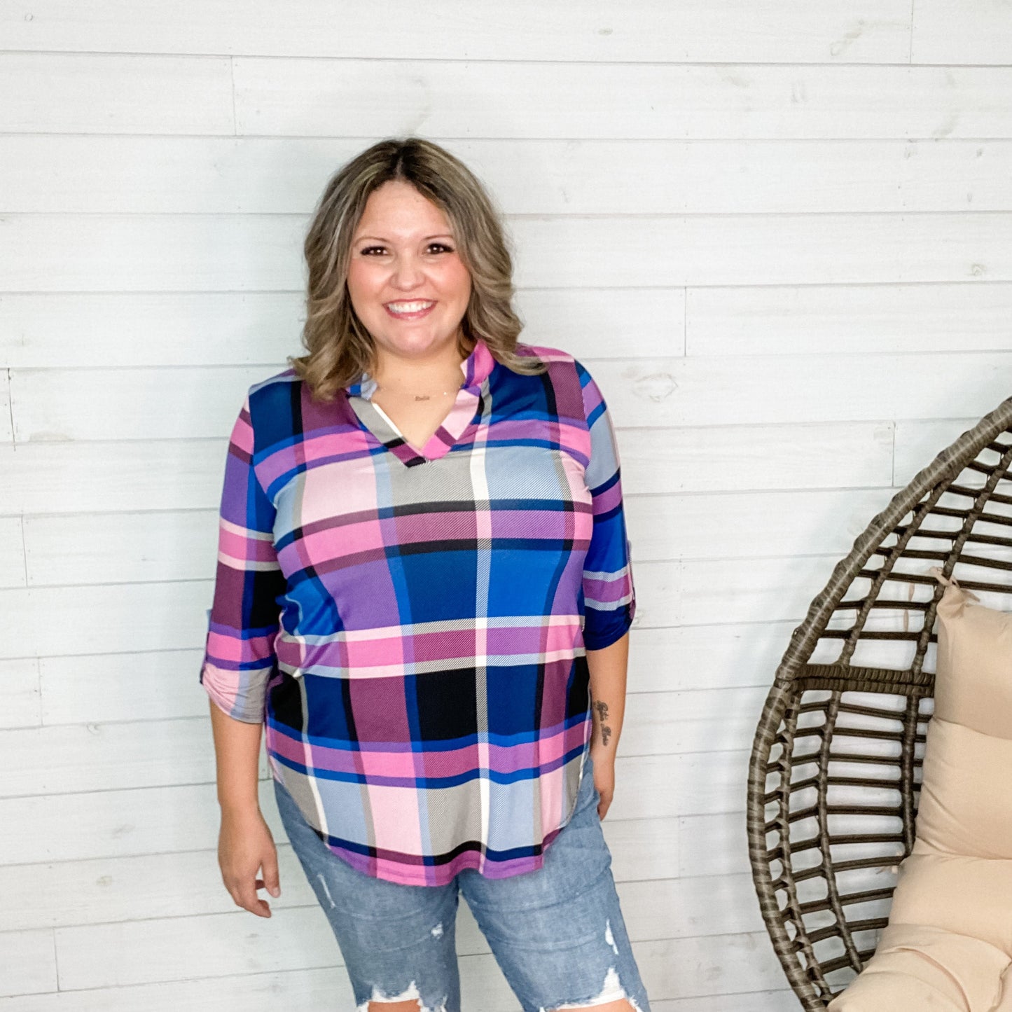 "Hadley" Plaid Lizzy 3/4 Sleeve Split Neck