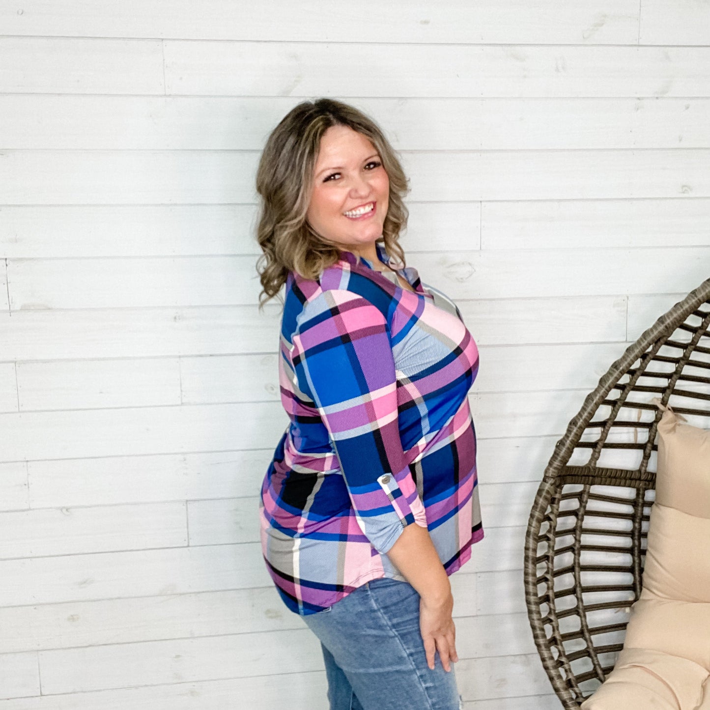 "Hadley" Plaid Lizzy 3/4 Sleeve Split Neck