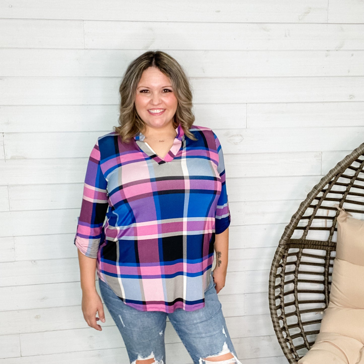 "Hadley" Plaid Lizzy 3/4 Sleeve Split Neck