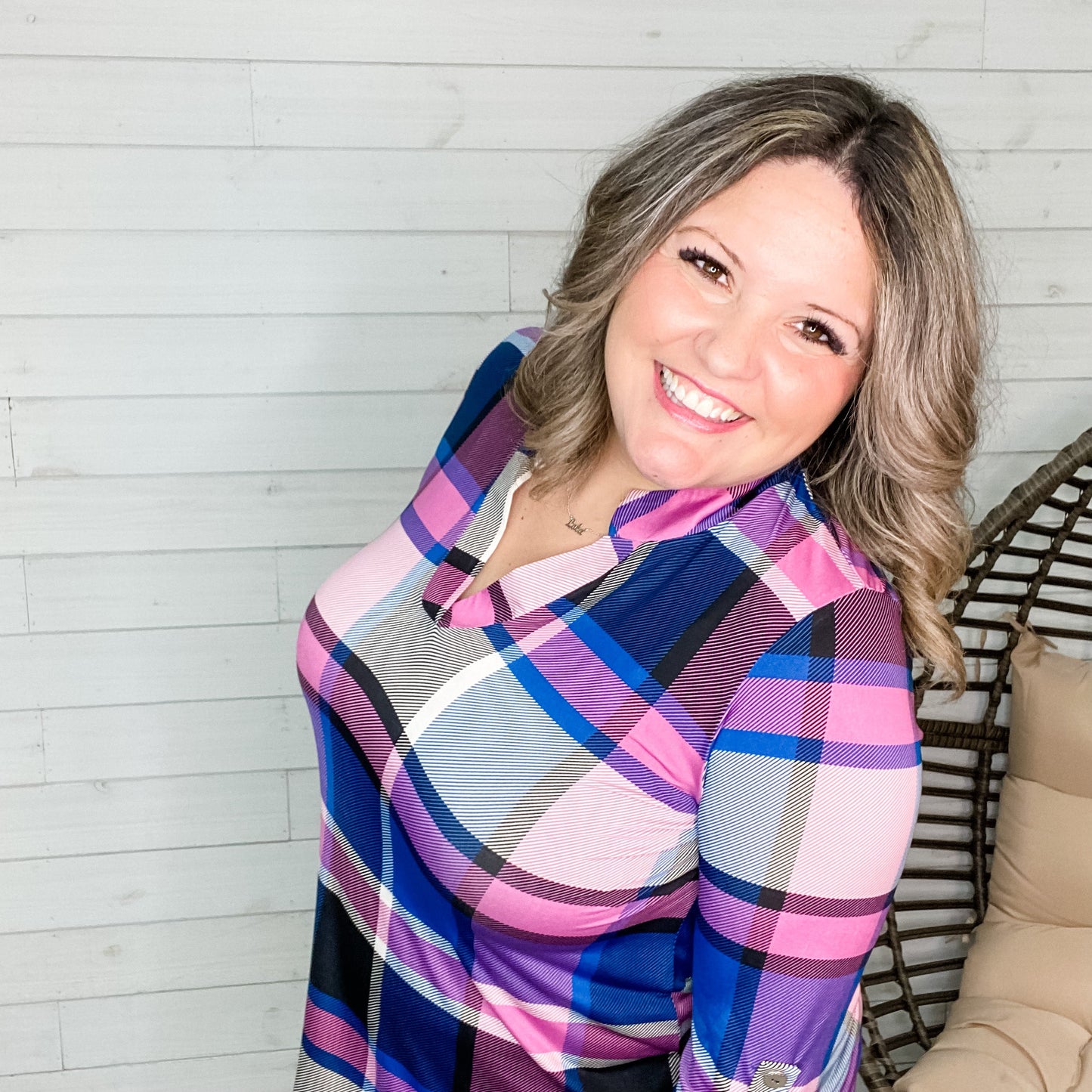 "Hadley" Plaid Lizzy 3/4 Sleeve Split Neck