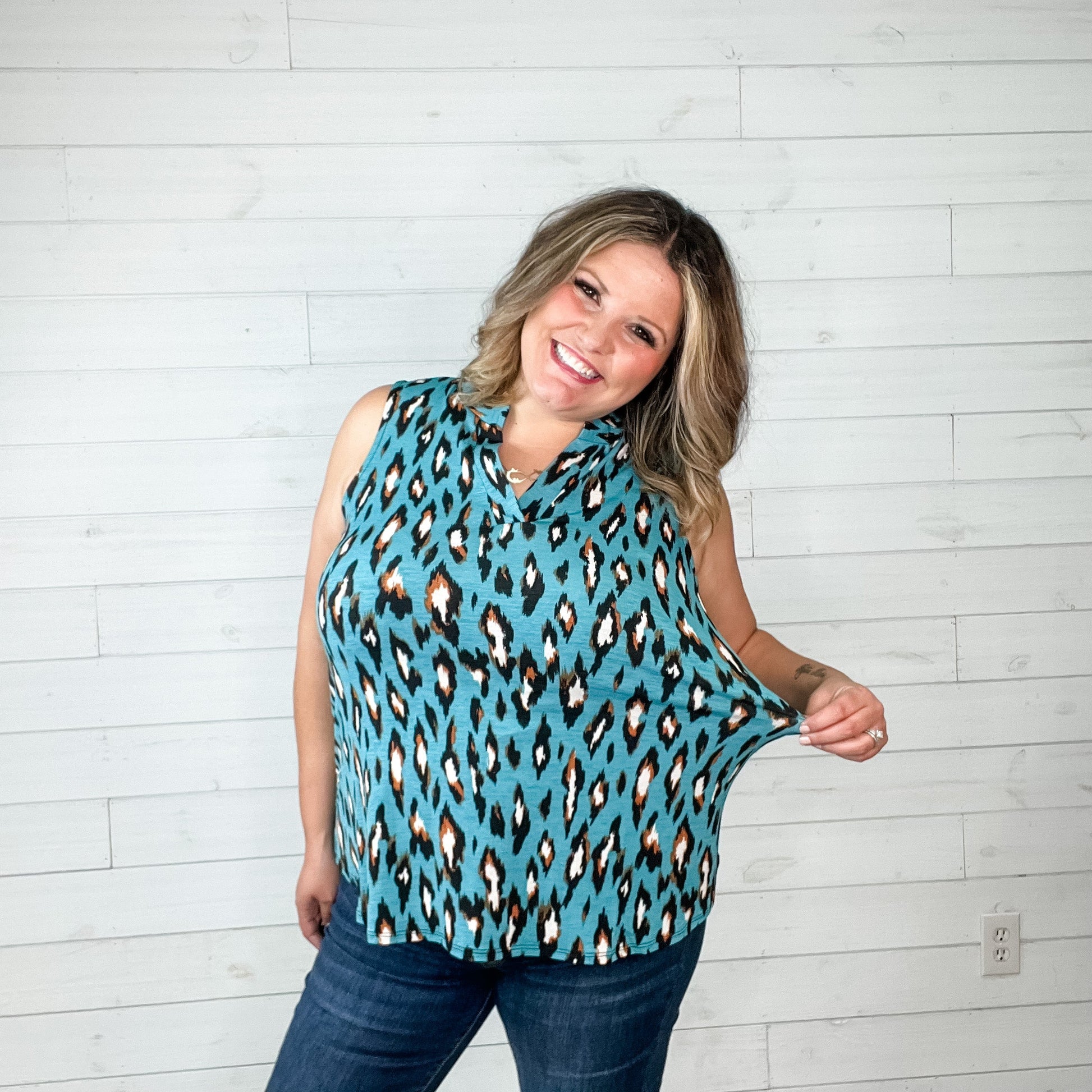 "Hang in There" Animal Print Sleeveless Split Neck