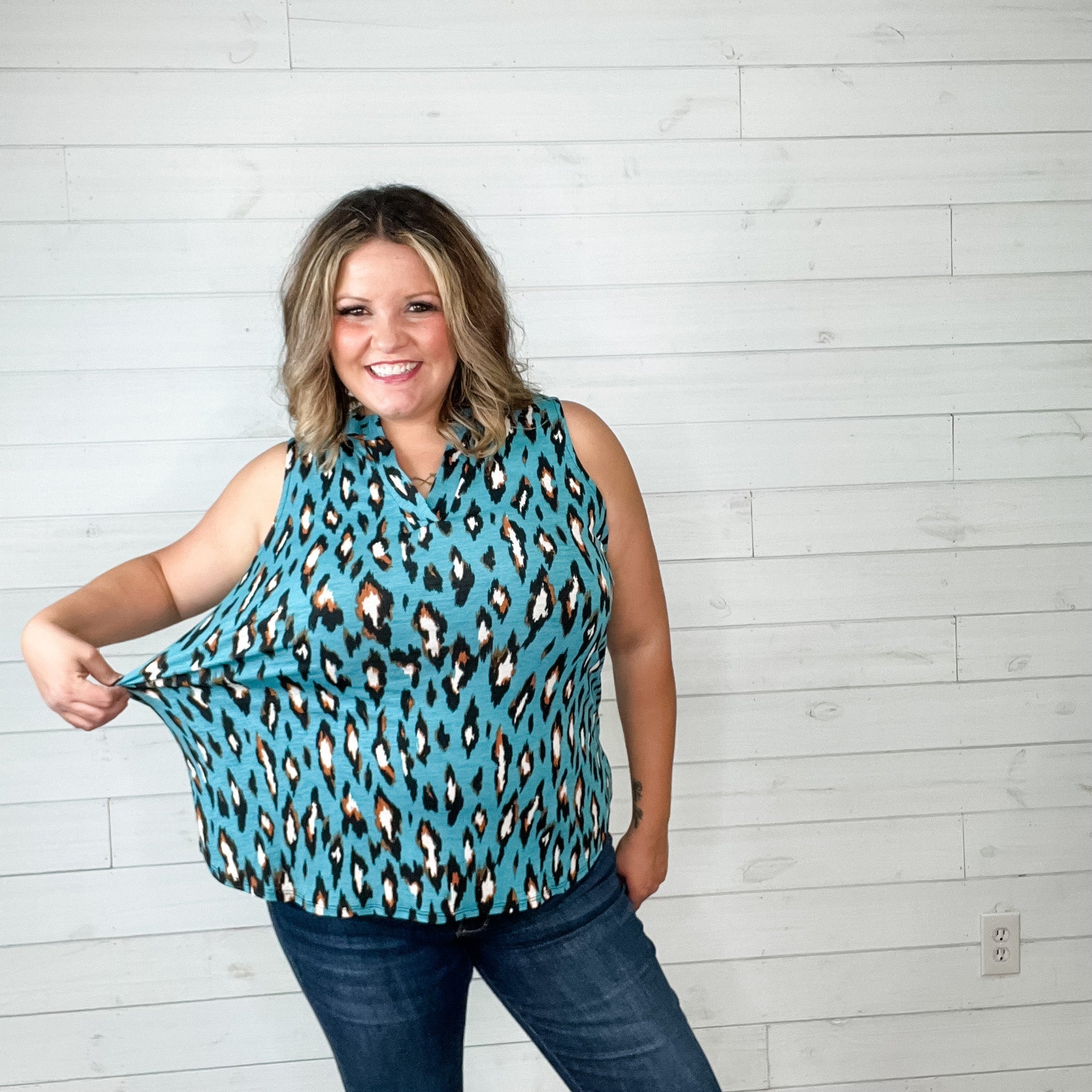 "Hang in There" Animal Print Sleeveless Split Neck