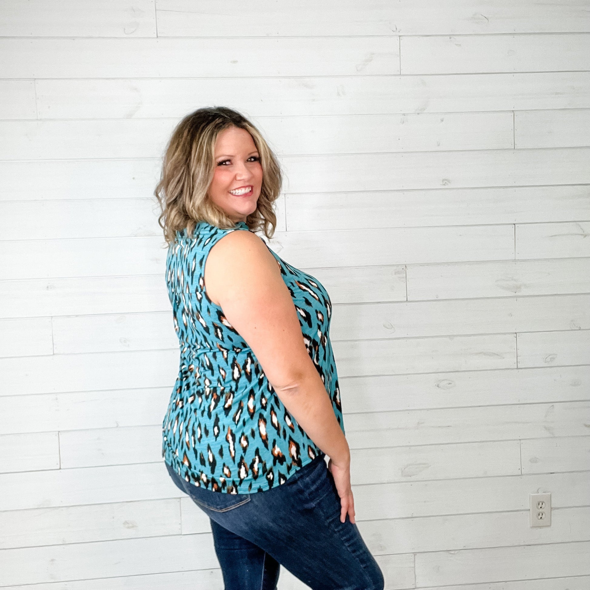 "Hang in There" Animal Print Sleeveless Split Neck