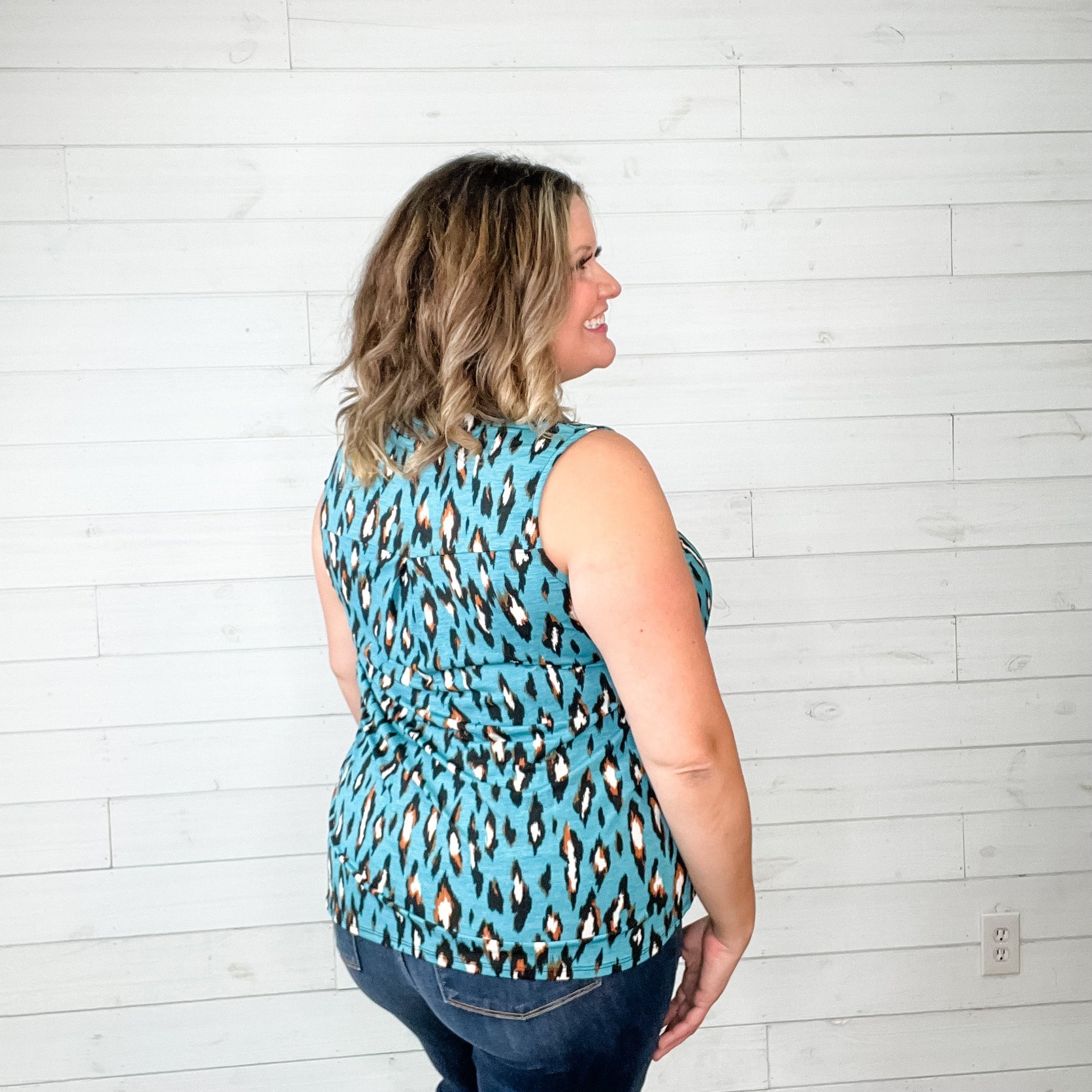 "Hang in There" Animal Print Sleeveless Split Neck