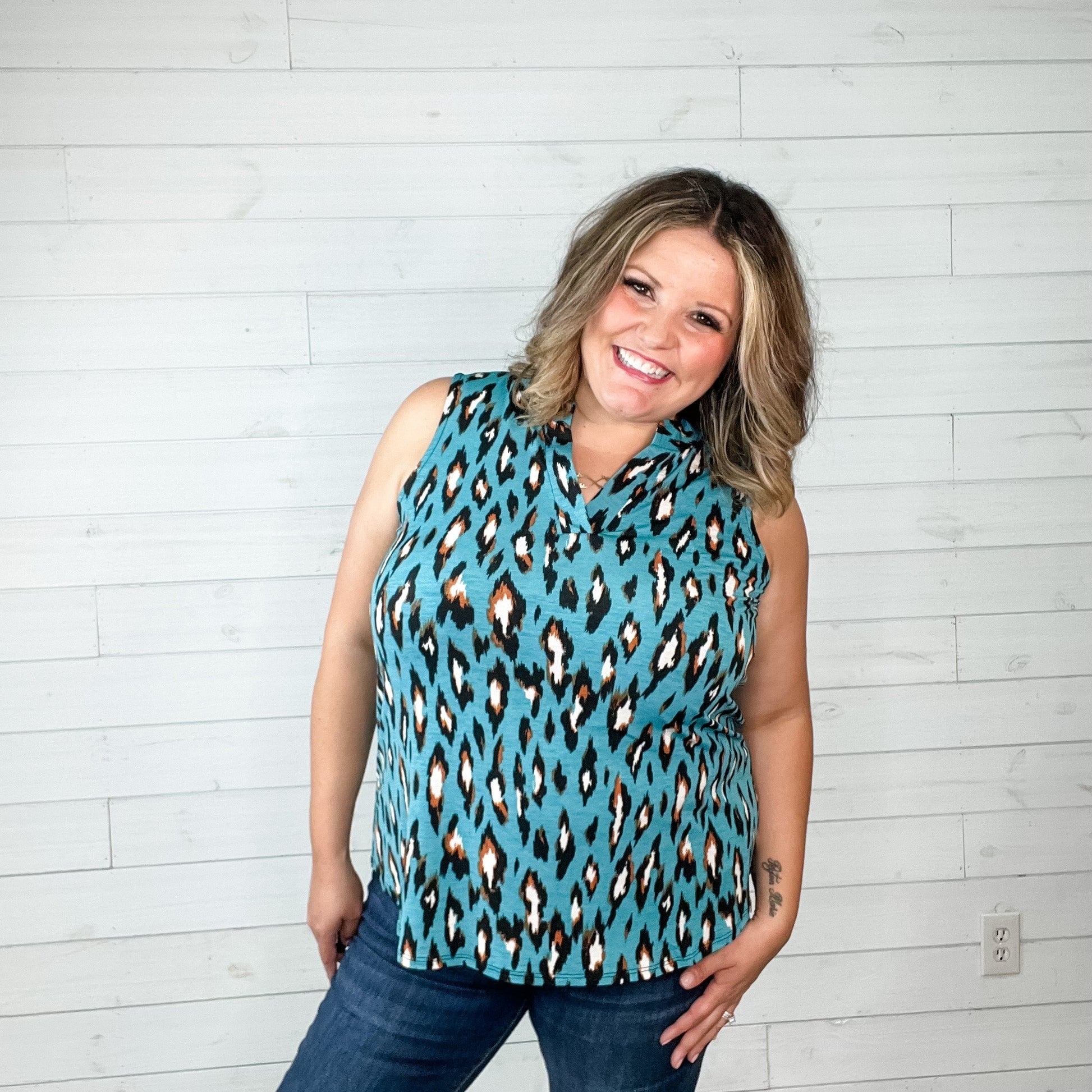 "Hang in There" Animal Print Sleeveless Split Neck