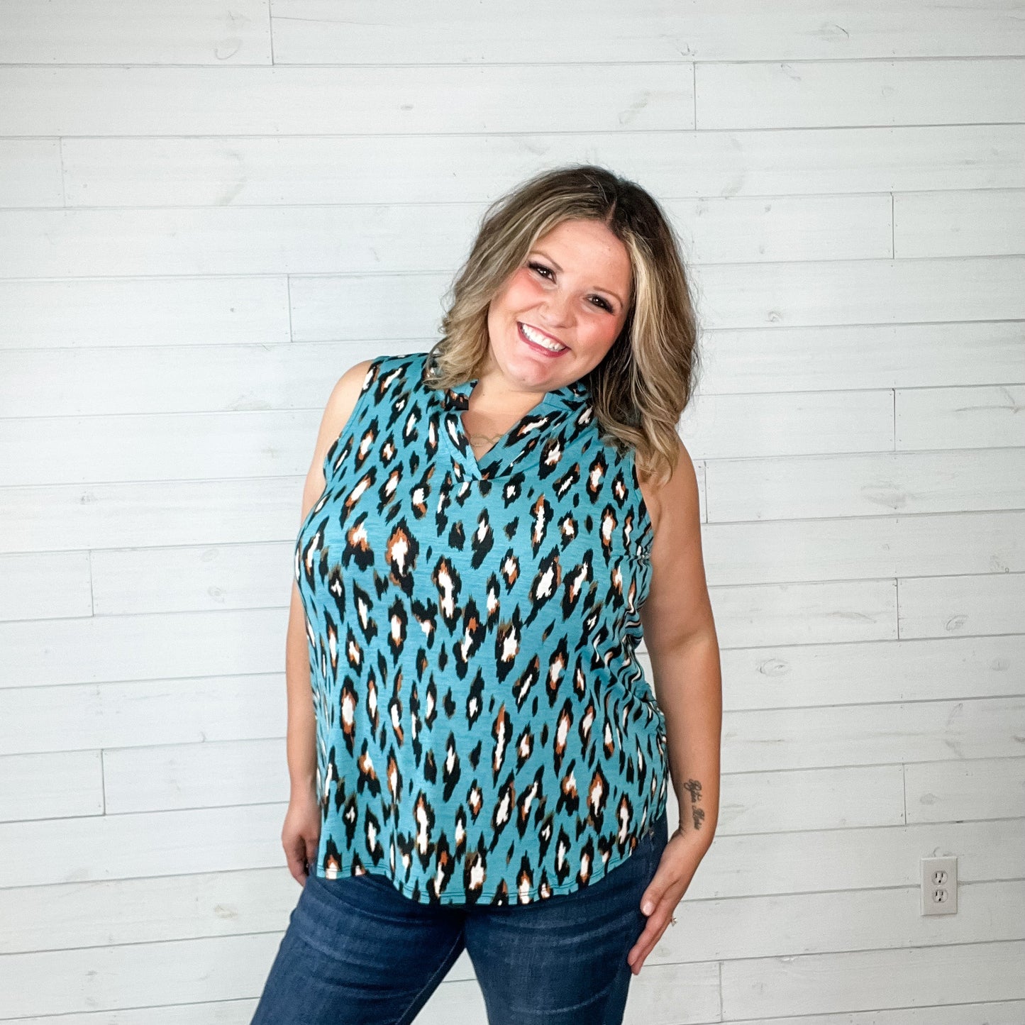 "Hang in There" Animal Print Sleeveless Split Neck