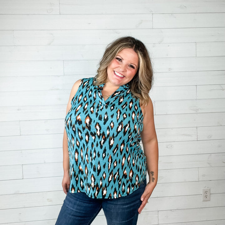 "Hang in There" Animal Print Sleeveless Split Neck