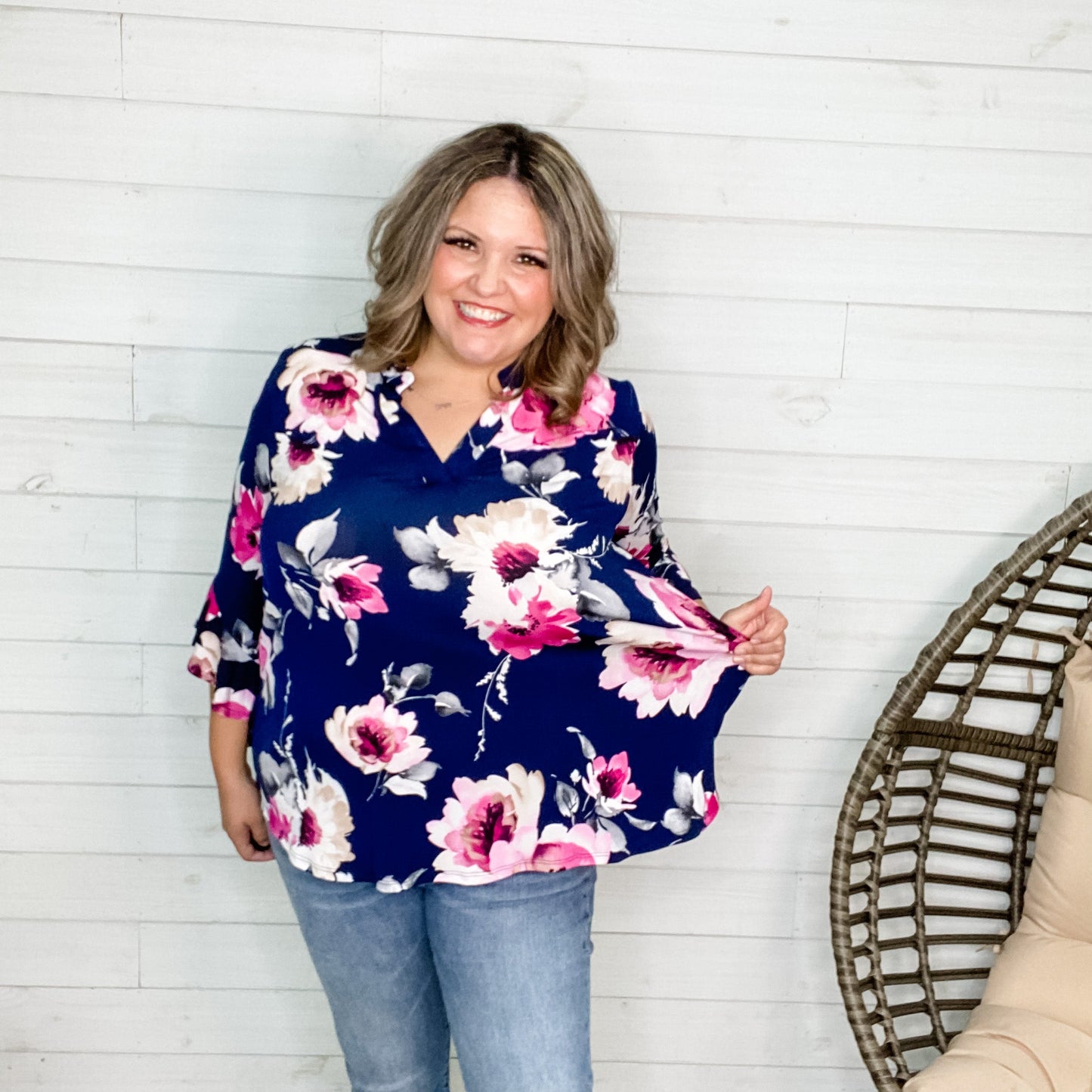 "Harper" Floral 3/4 Ruffle Sleeve Split Neck