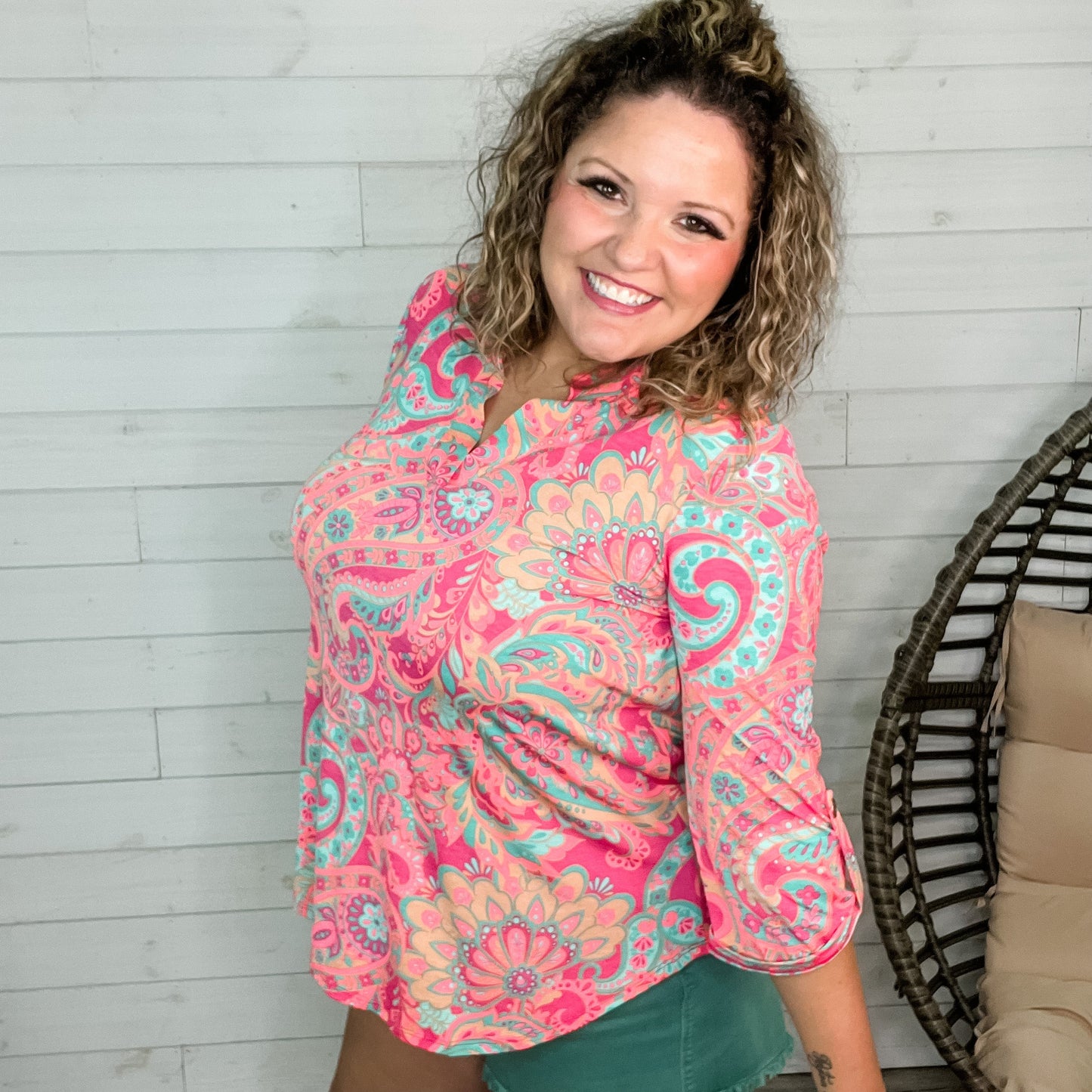 "Henri" Paisley Lizzy 3/4 Sleeve Split Neck