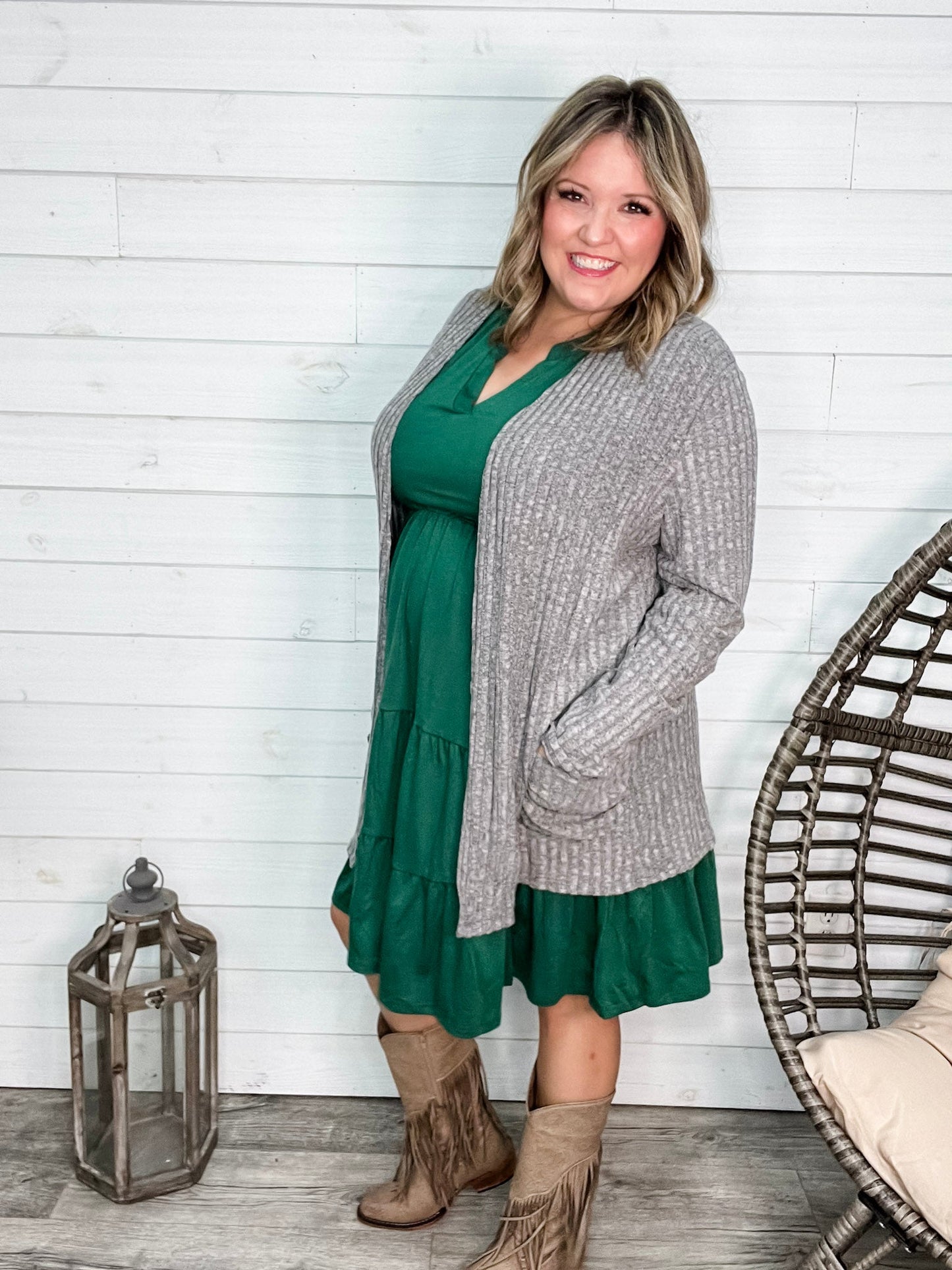 "Here We Go" Ribbed Cardigan with Pockets (Gray)-Lola Monroe Boutique