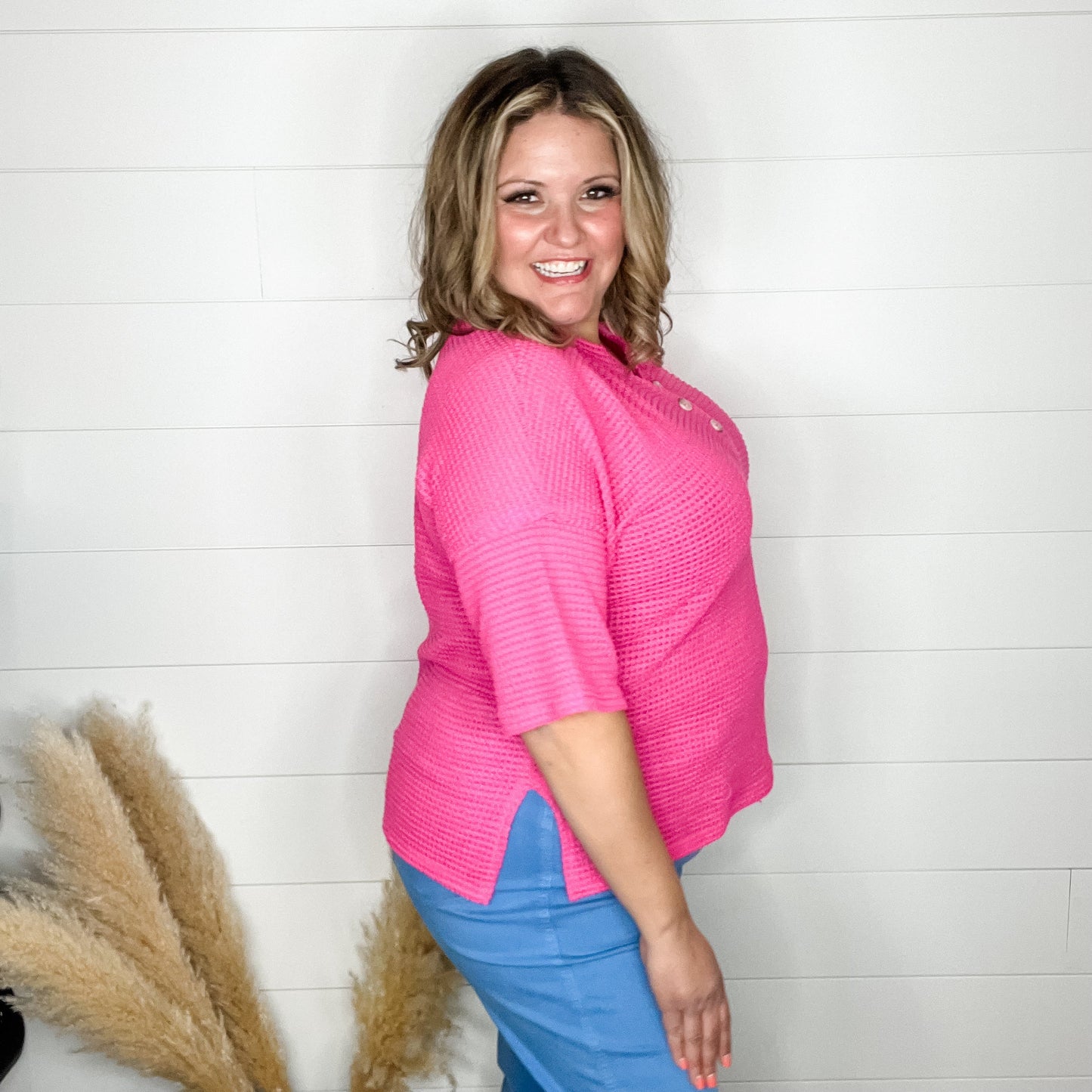 "Honey Bee" Short Sleeve Faux Button Detail Waffle Texture Tops (Hot Pink)