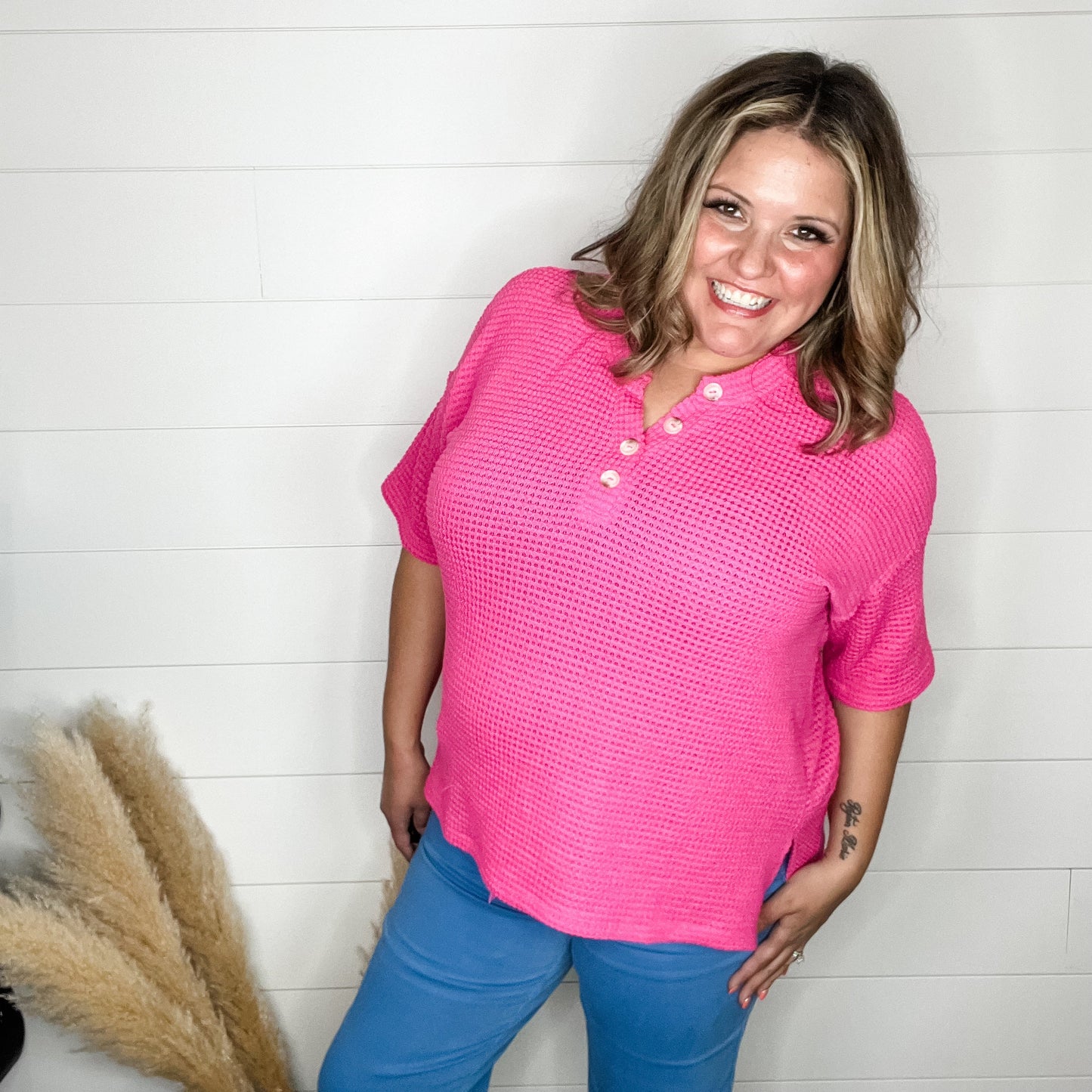 "Honey Bee" Short Sleeve Faux Button Detail Waffle Texture Tops (Hot Pink)