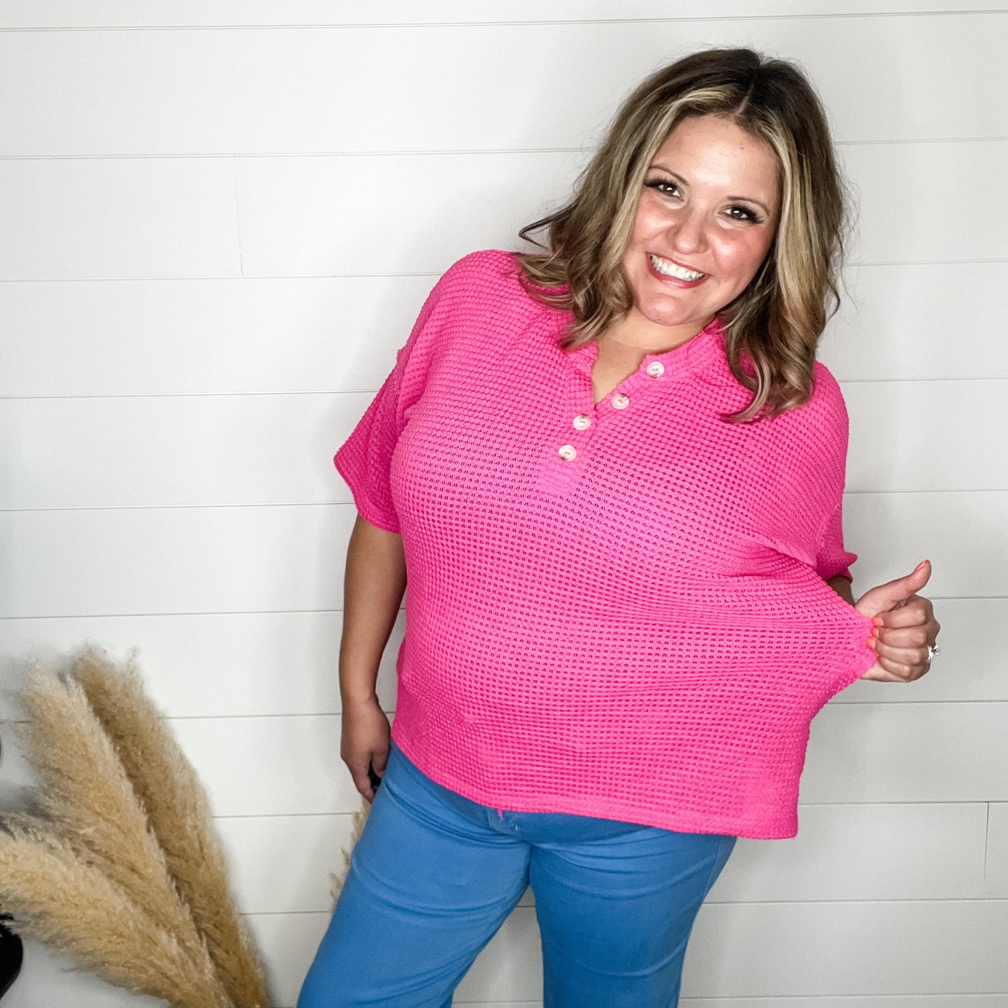 "Honey Bee" Short Sleeve Faux Button Detail Waffle Texture Tops (Hot Pink)