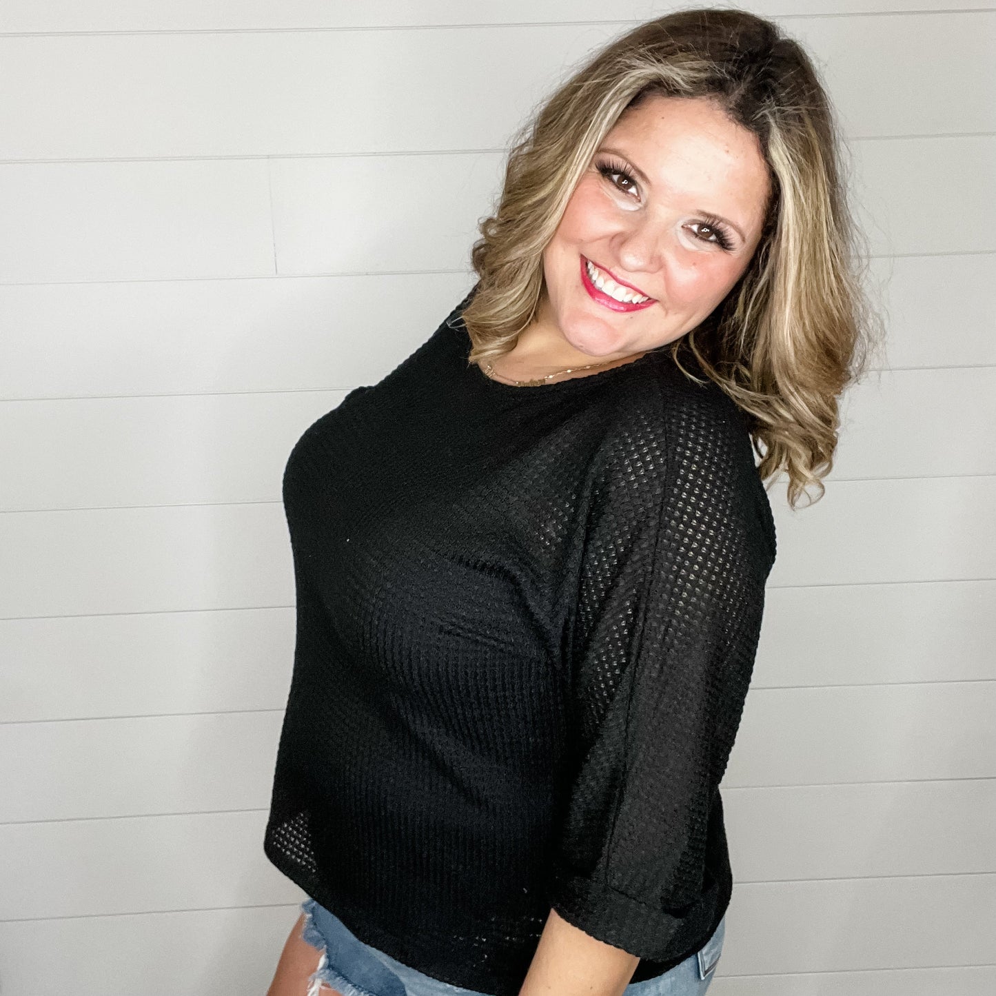"Honeycutt" Cuffed 3/4 Sleeve Waffle Texture Top (Black)