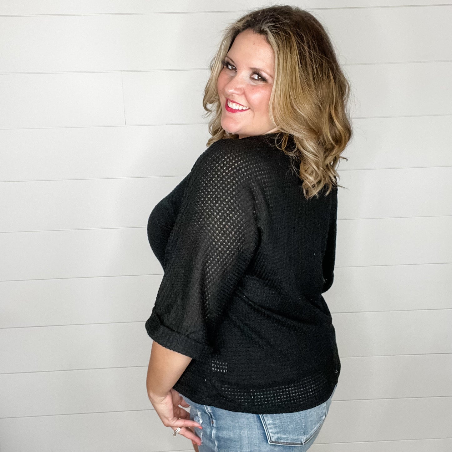 "Honeycutt" Cuffed 3/4 Sleeve Waffle Texture Top (Black)