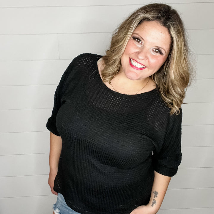 "Honeycutt" Cuffed 3/4 Sleeve Waffle Texture Top (Black)
