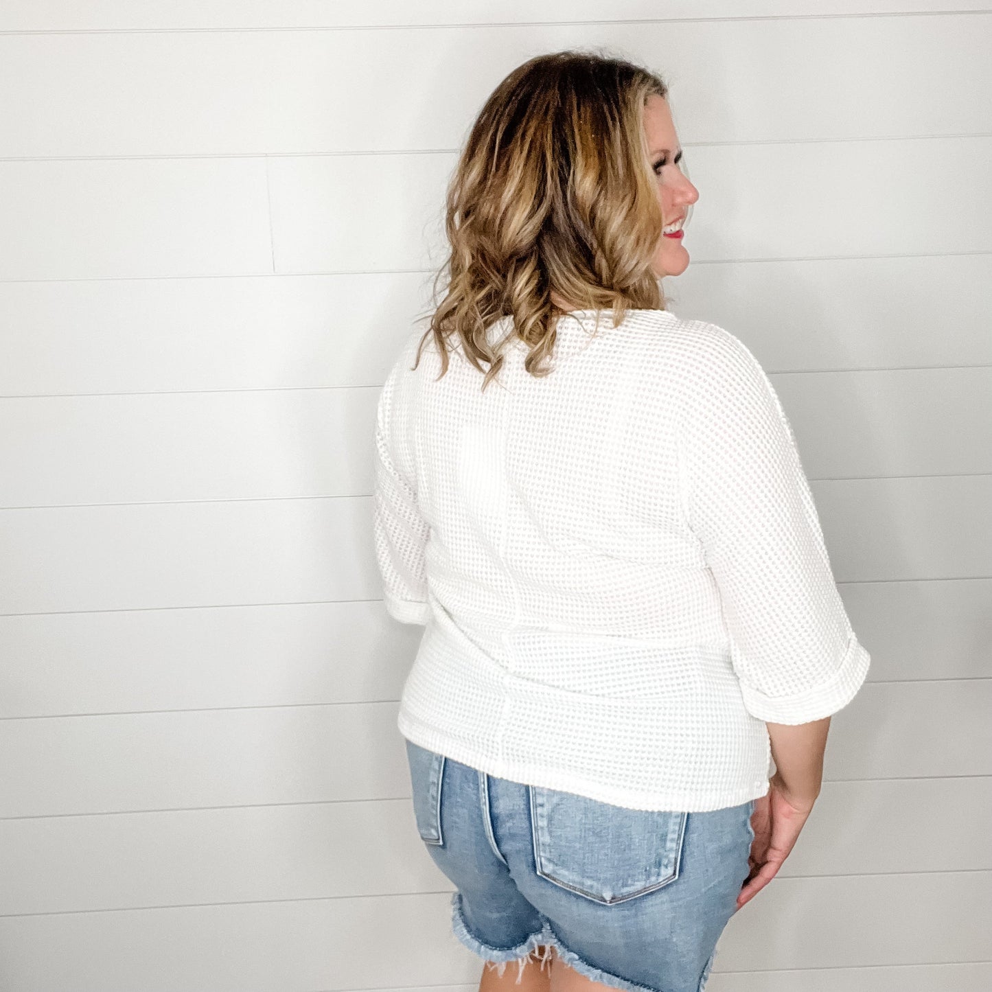 "Honeycutt" Cuffed 3/4 Sleeve Waffle Texture Top (Ivory)